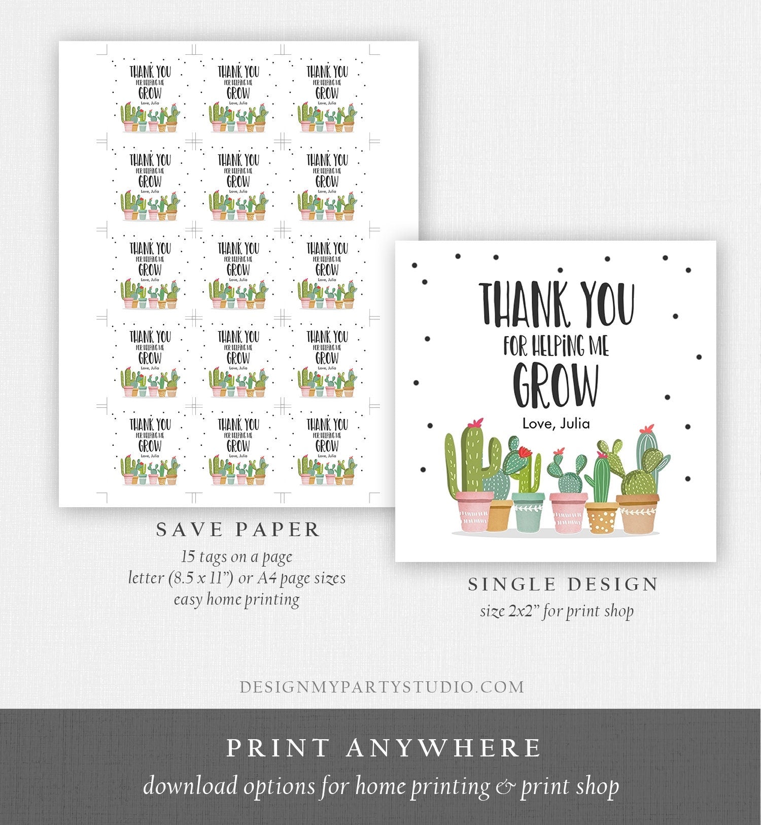 Editable Teacher Appreciation Favor Tags Thank You for Helping me Grow Succulent Fiesta Cactus Teacher Tag Corjl Template Printable 0464