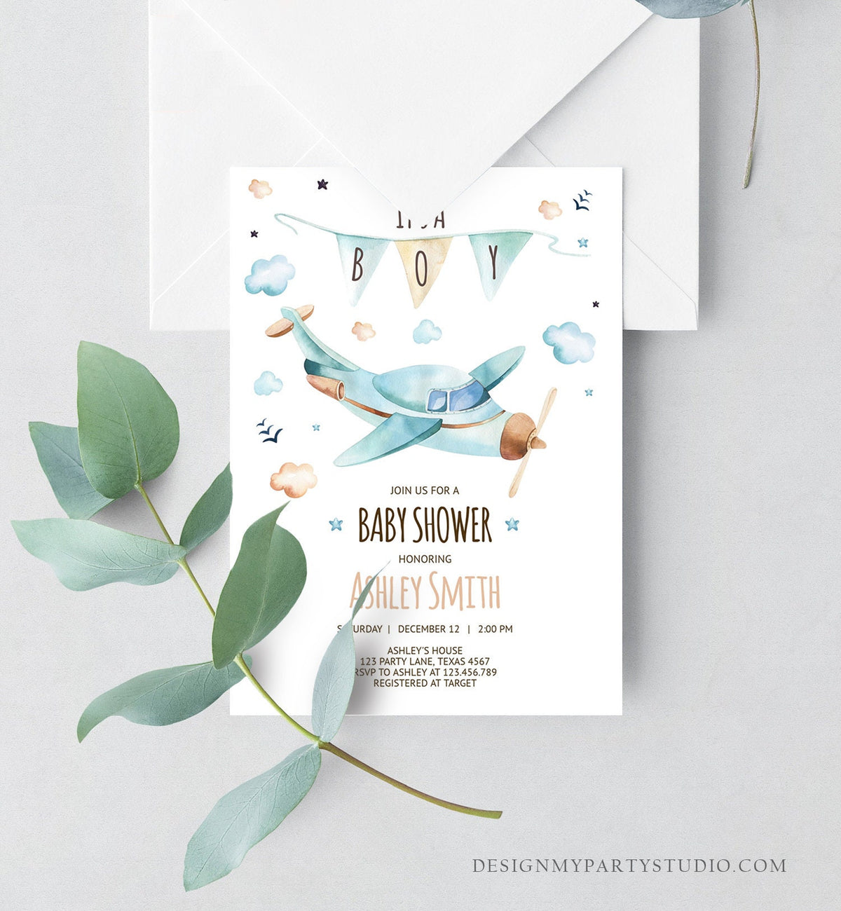 Editable Airplane Baby Shower Invitation Vintage Airplane Blue Adventure Boy Baby Shower Up Up and Away Template Digital Download Corjl 0185