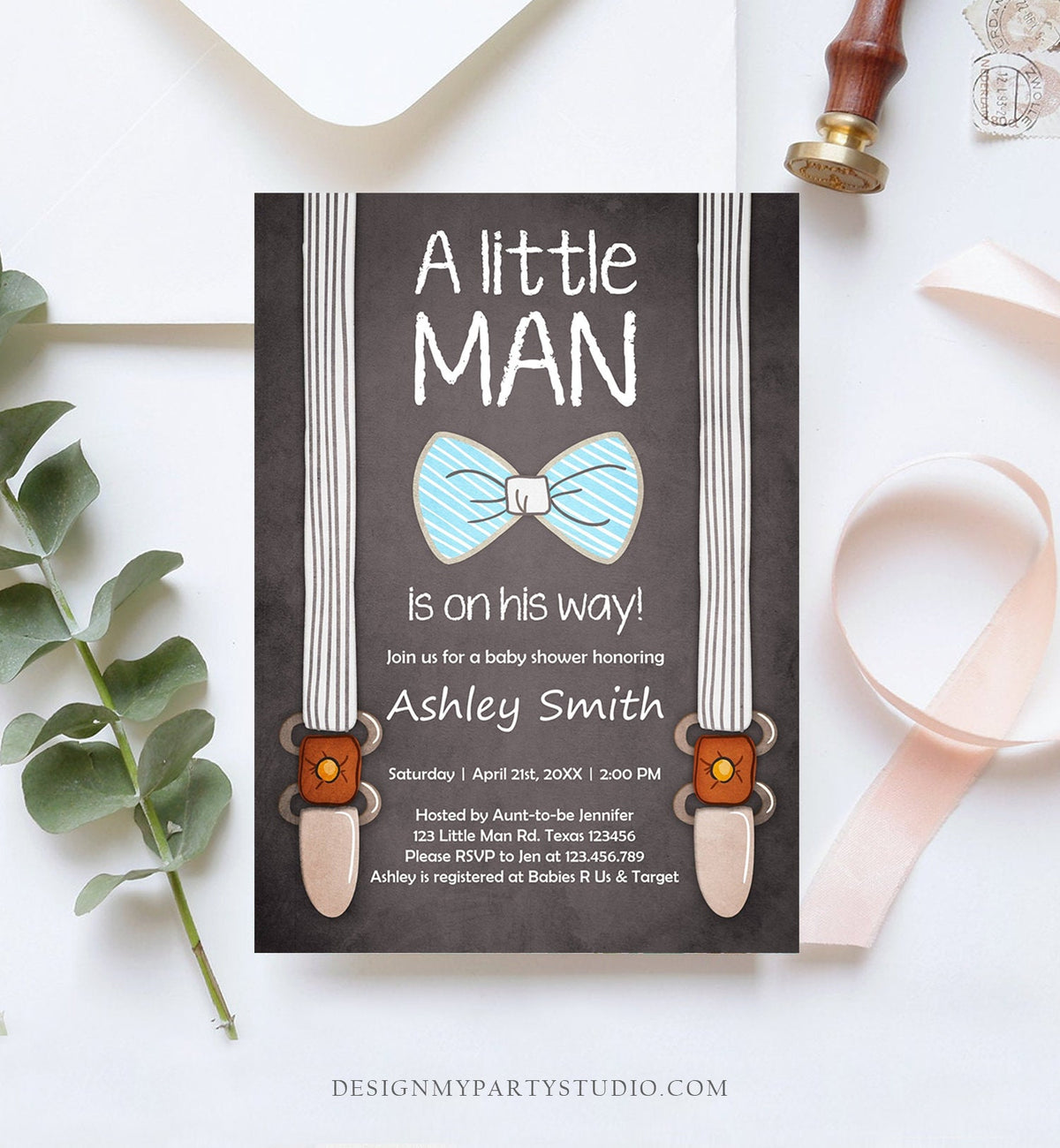 Editable Baby Shower Invitation Boy Little Man Baby Shower Bow Tie Blue Brown Instant Download Printable Template Corjl Digital 0063