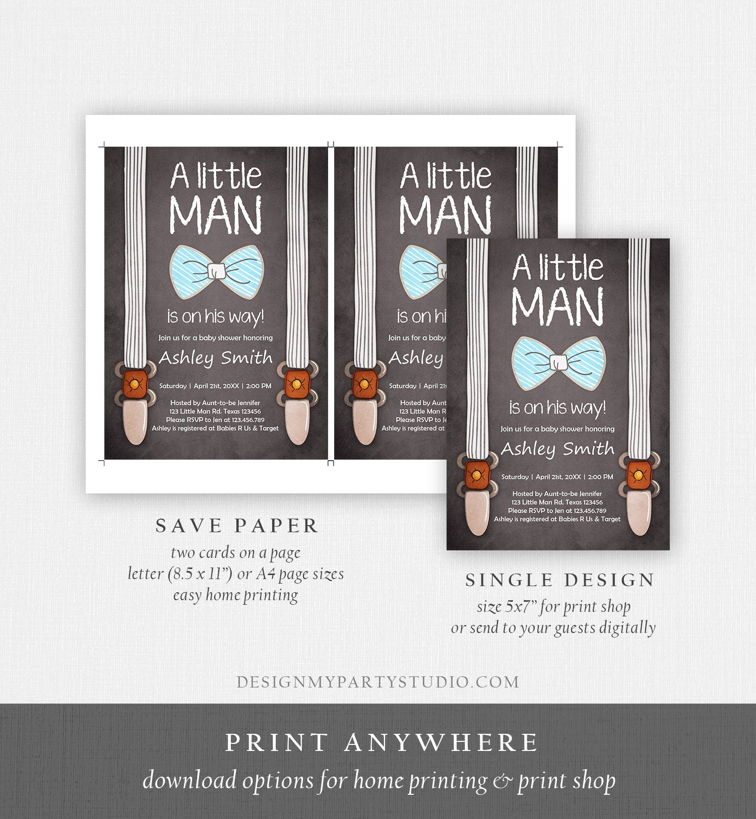 Editable Baby Shower Invitation Boy Little Man Baby Shower Bow Tie Blue Brown Instant Download Printable Template Corjl Digital 0063