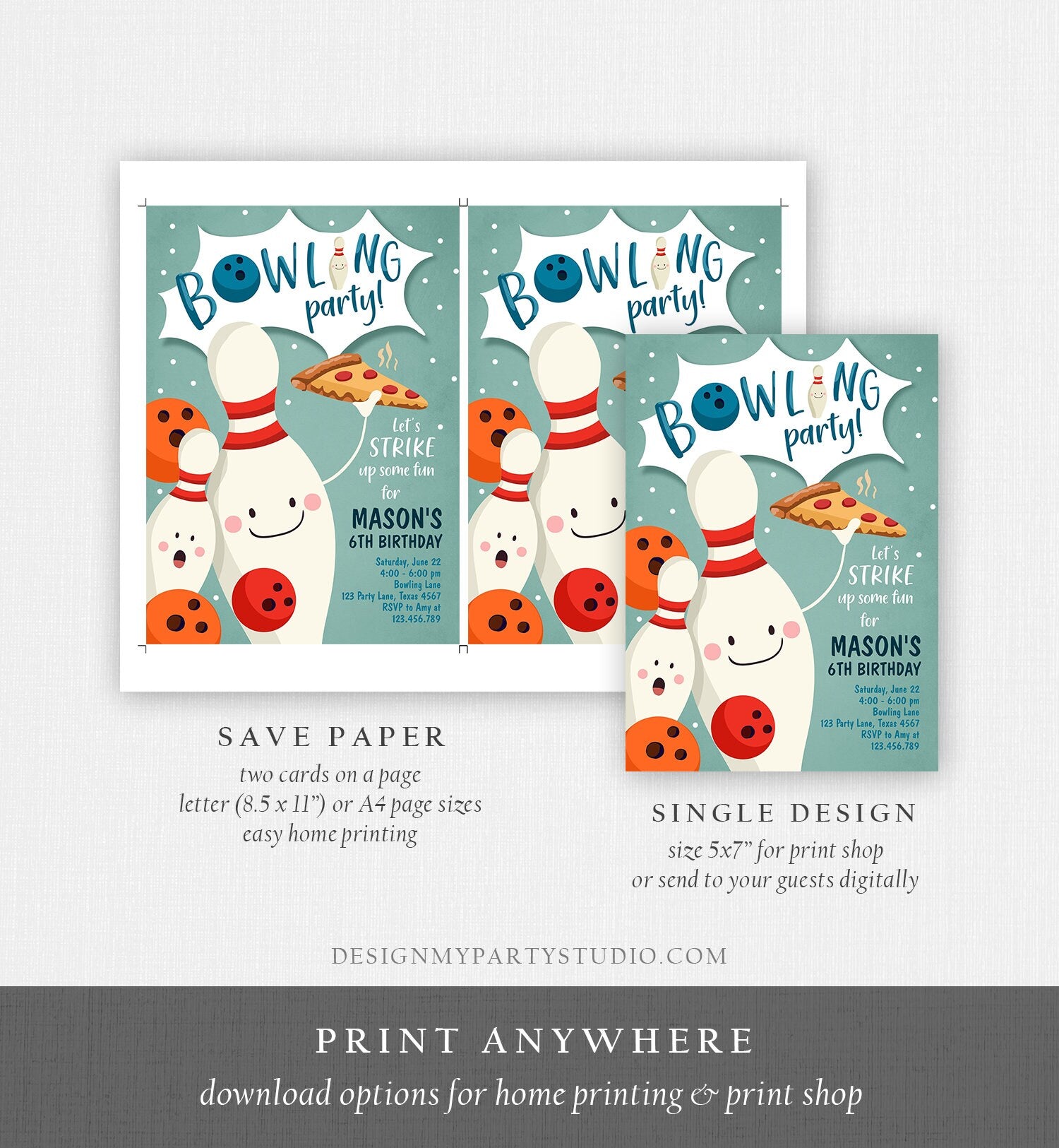 Editable Bowling Birthday Invitation Strike Up Some Fun Boy Bowling Party Pizza Blue Orange Instant Download Printable Template Corjl 0324