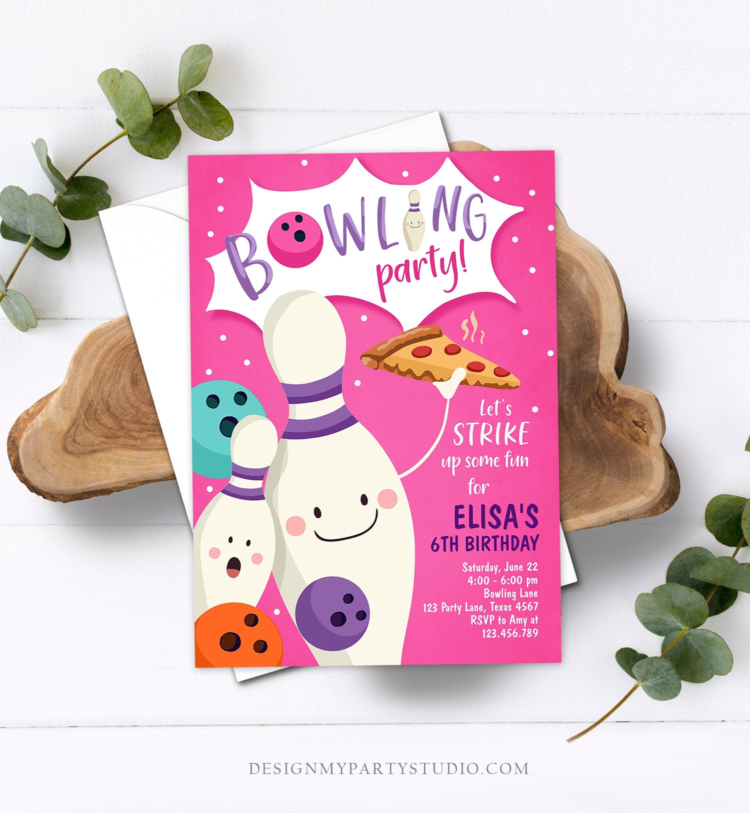 Editable Bowling Birthday Invitation Strike Up Some Fun Girl Bowling Party Pizza Pink Purple Instant Download Printable Template Corjl 0324