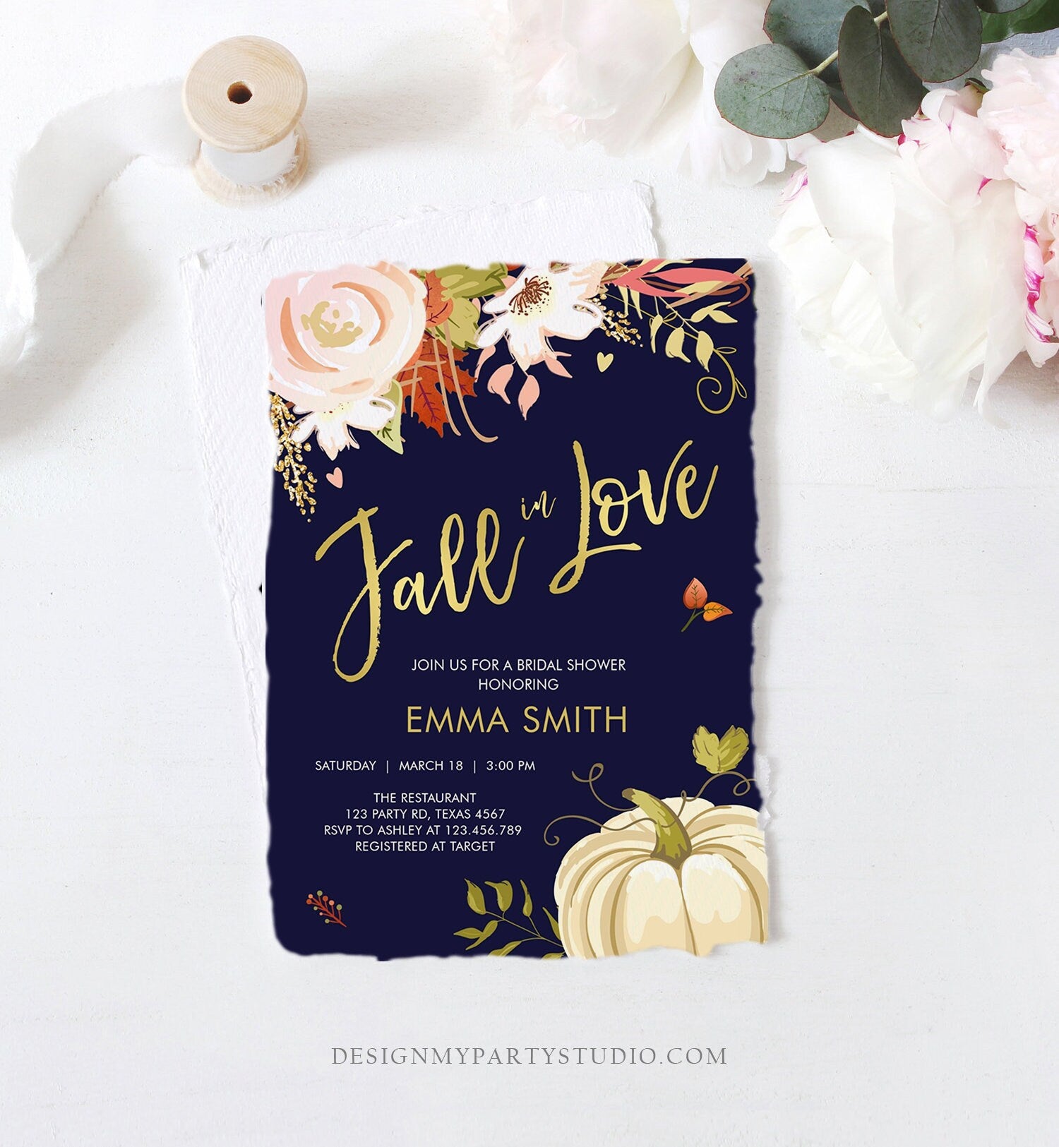 Editable Fall in Love Bridal Shower Invitation Pumpkin Autumn Floral Flowers Pink Gold Rustic Party Engagement Navy Blue Corjl Template 0176