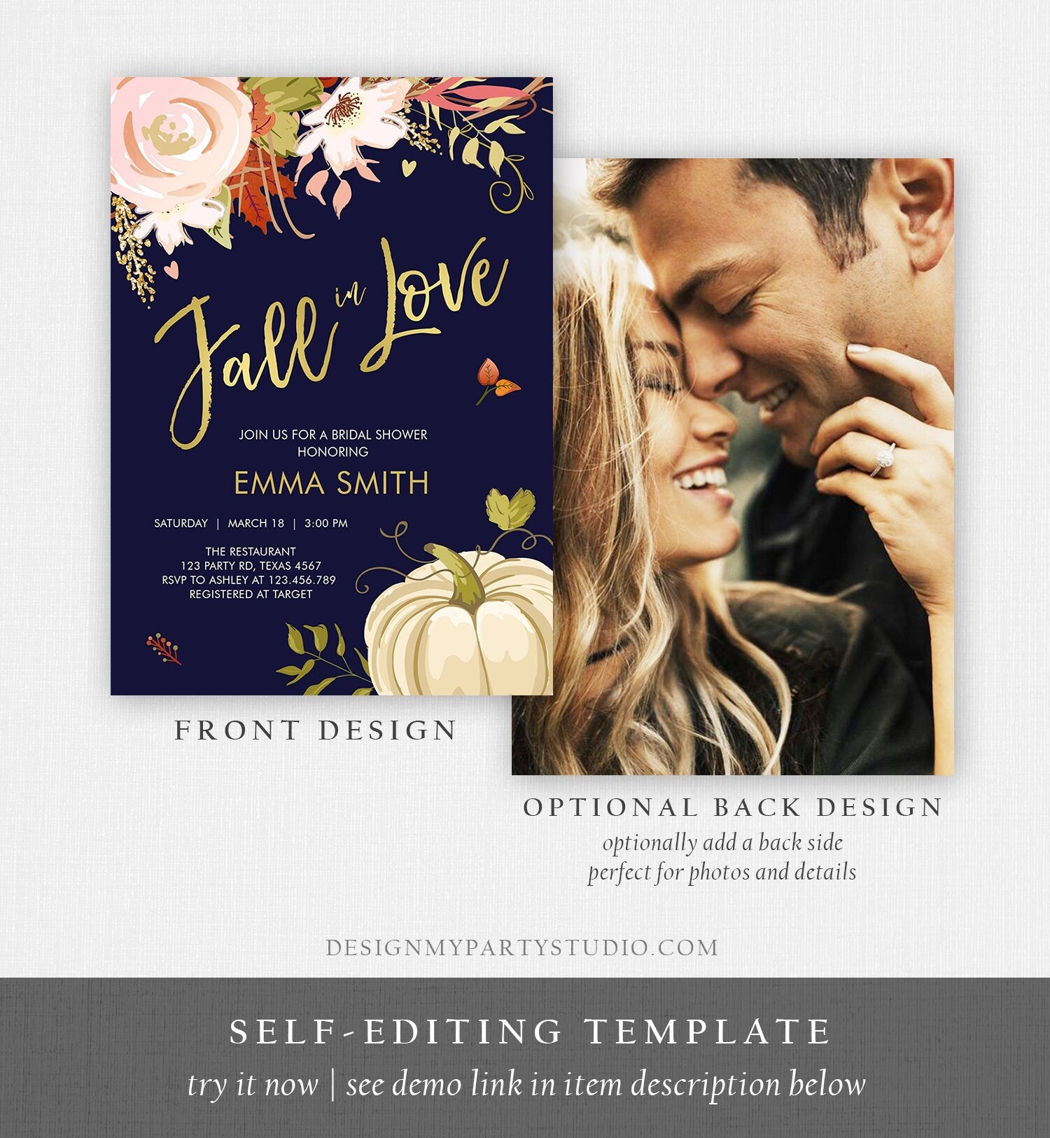 Editable Fall in Love Bridal Shower Invitation Pumpkin Autumn Floral Flowers Pink Gold Rustic Party Engagement Navy Blue Corjl Template 0176