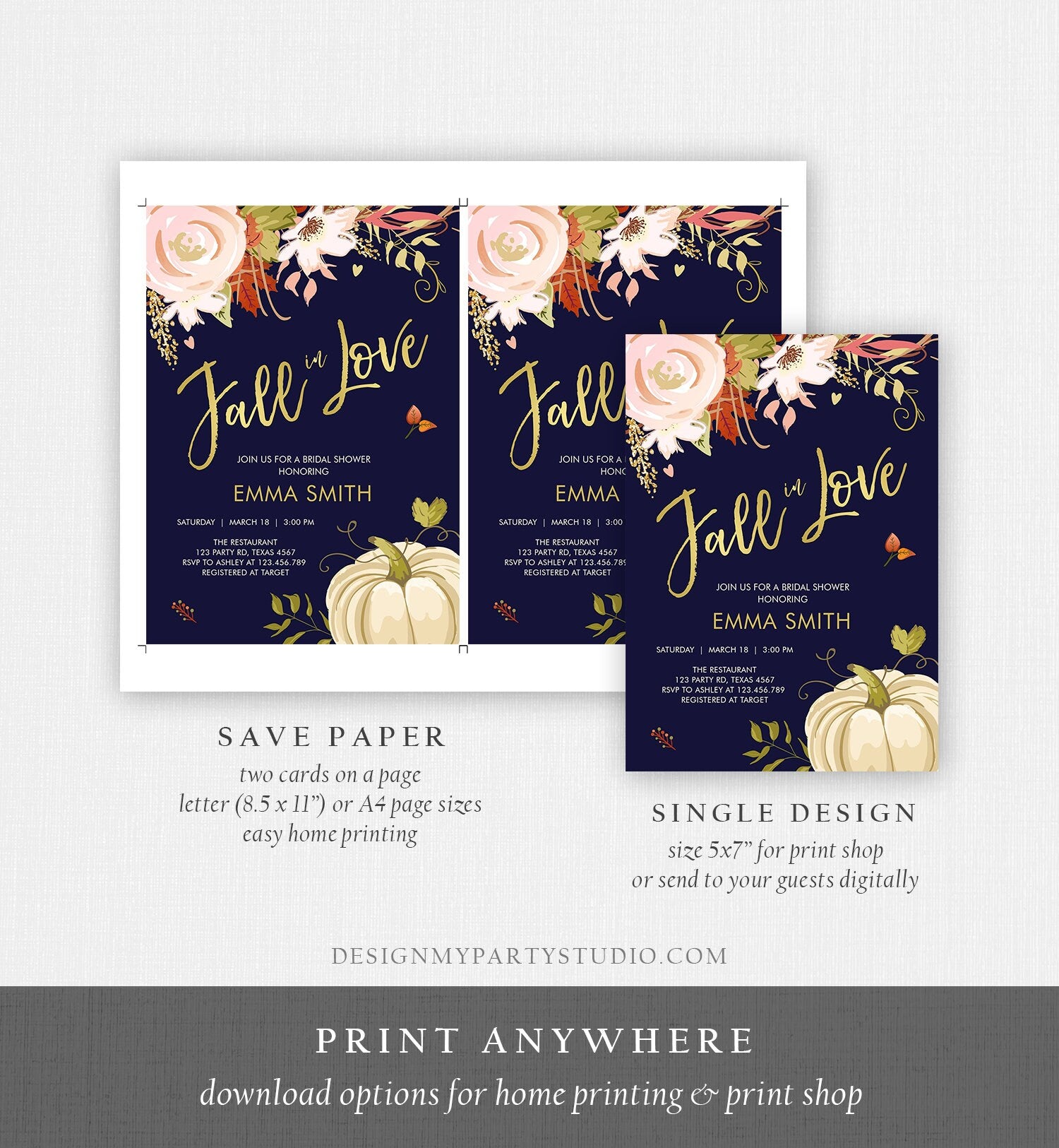 Editable Fall in Love Bridal Shower Invitation Pumpkin Autumn Floral Flowers Pink Gold Rustic Party Engagement Navy Blue Corjl Template 0176