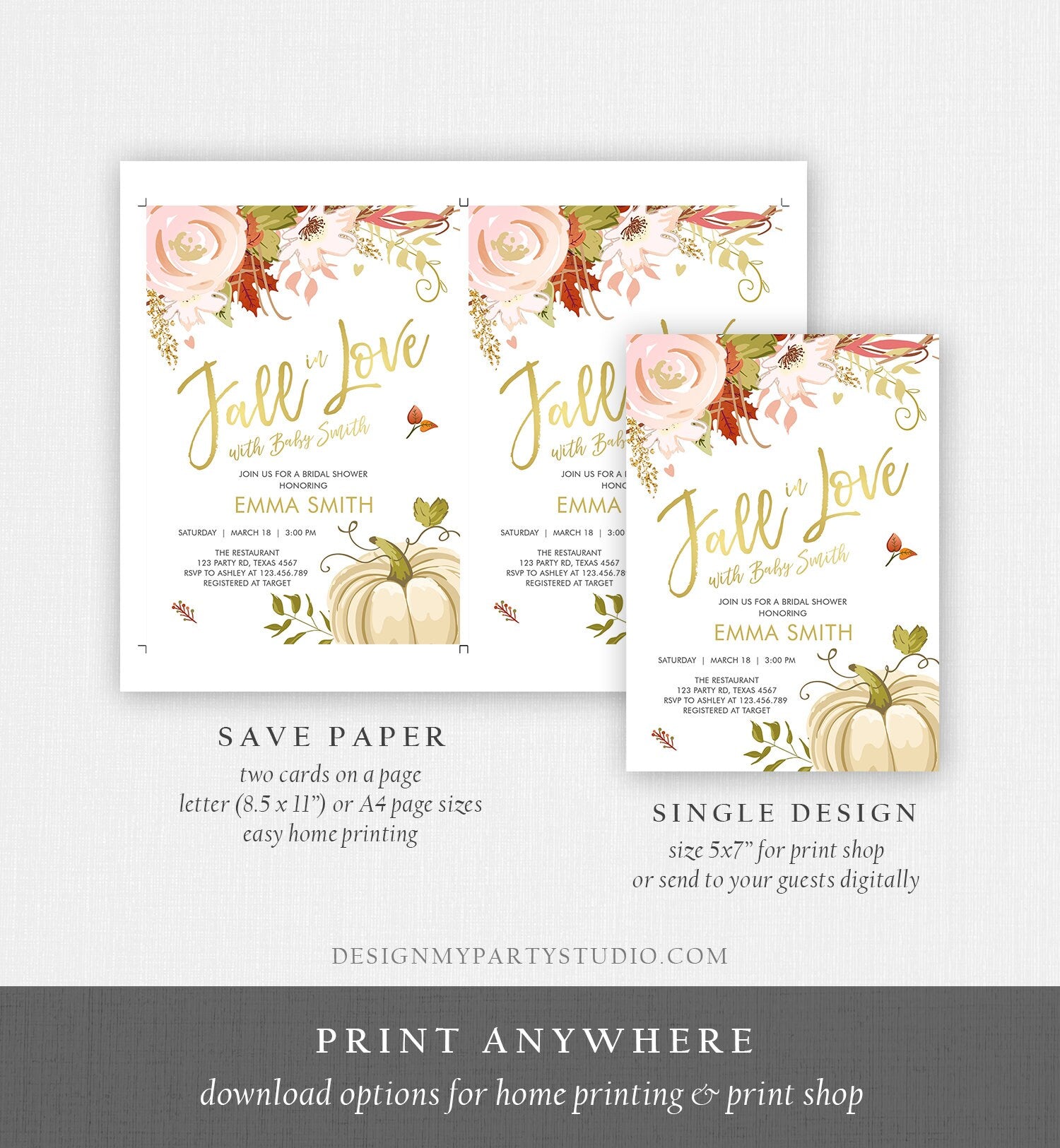 Editable Fall in Love Baby Shower Invitation Pumpkin Autumn Floral Flowers Pink Gold Rustic Party Sprinkle Coed Navy Corjl Template 0176