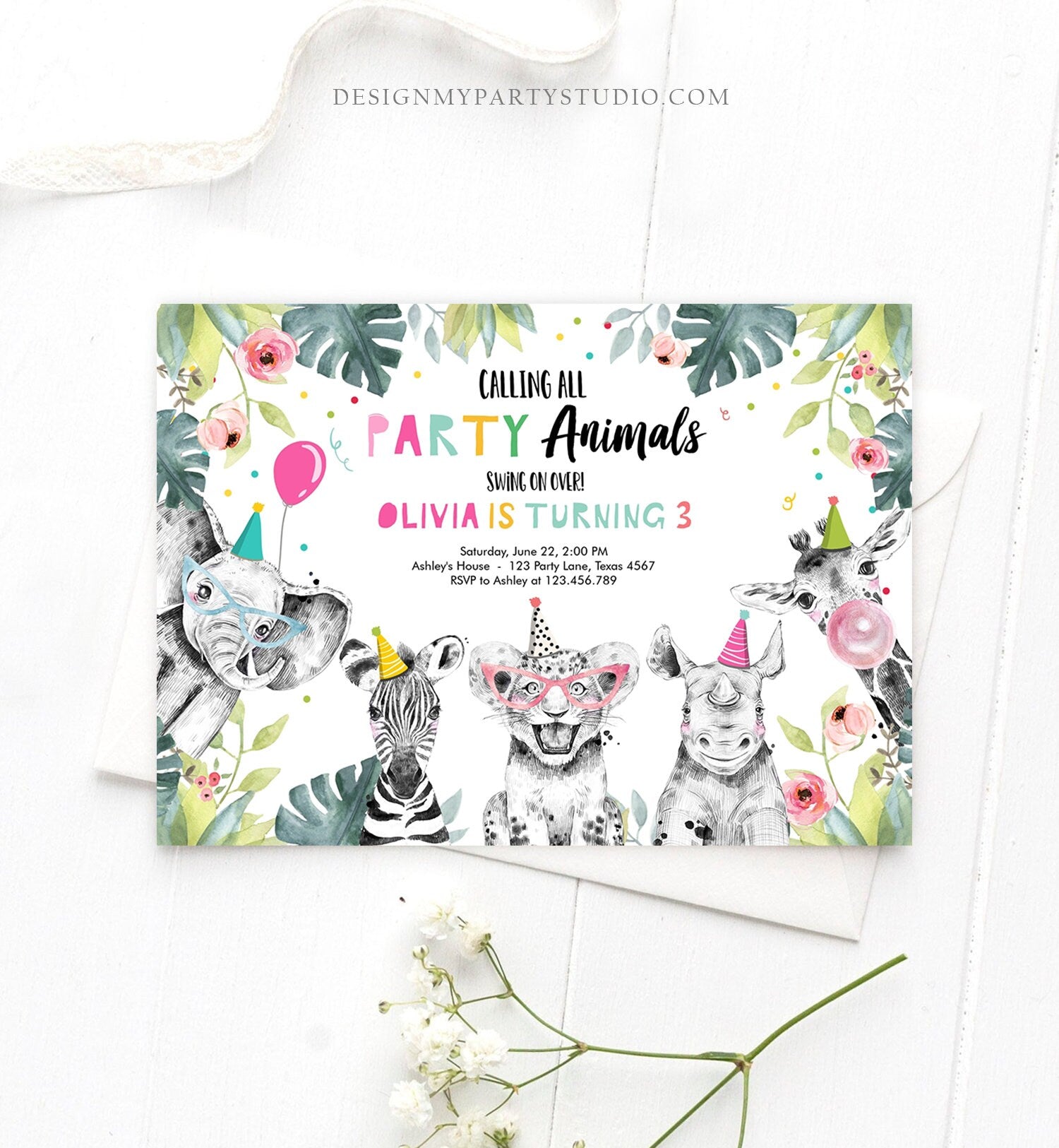 Editable Party Animals Birthday Invitation Wild One Animals Invitation Zoo Safari Animals Girl Download Printable Invite Template Corjl 0322