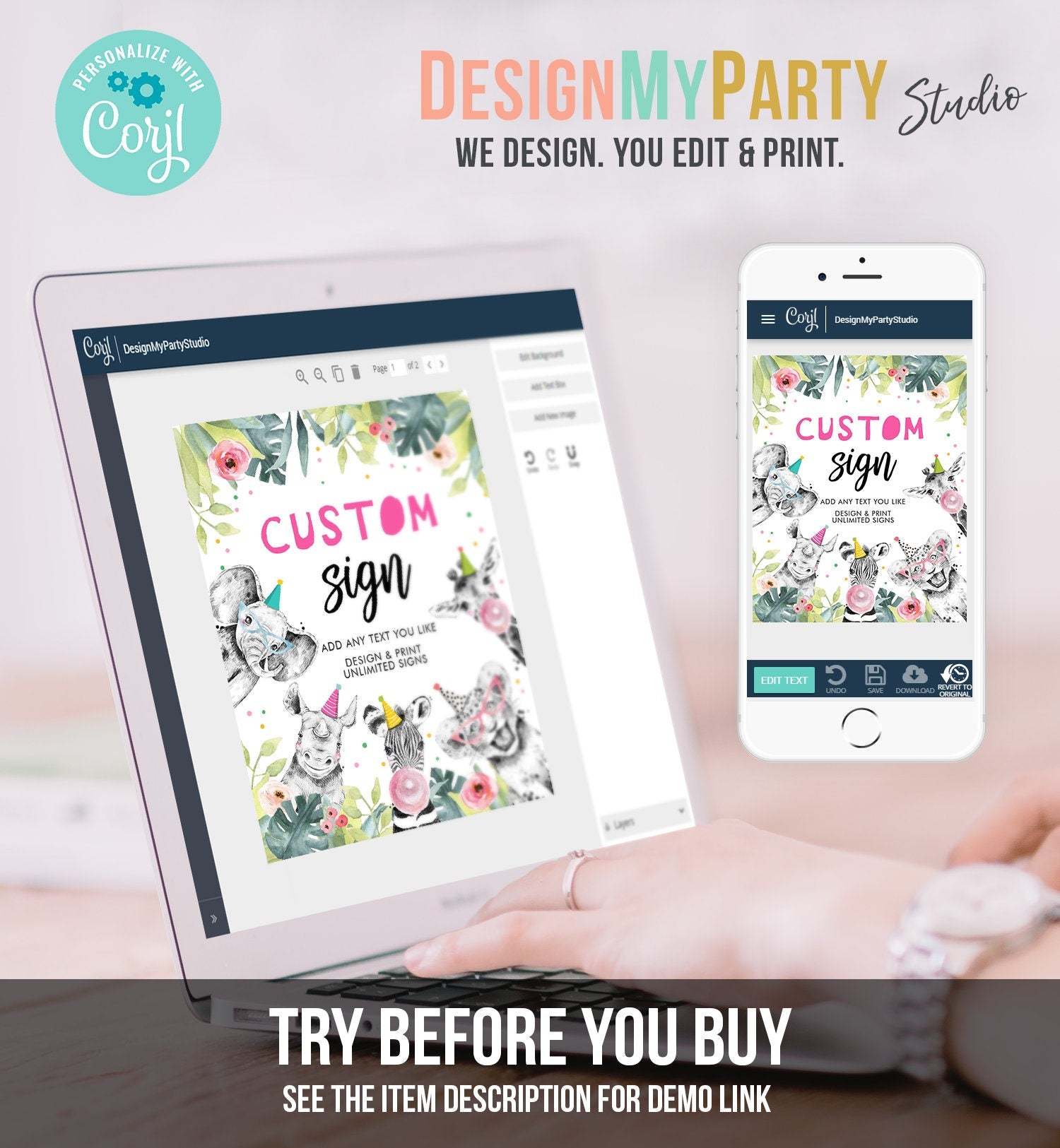 Editable Custom Sign Party Animals Sign Wild One Animals Decor Zoo Safari Animals Girl Table Decoration 8x10 Instant Download PRINTABLE 0322