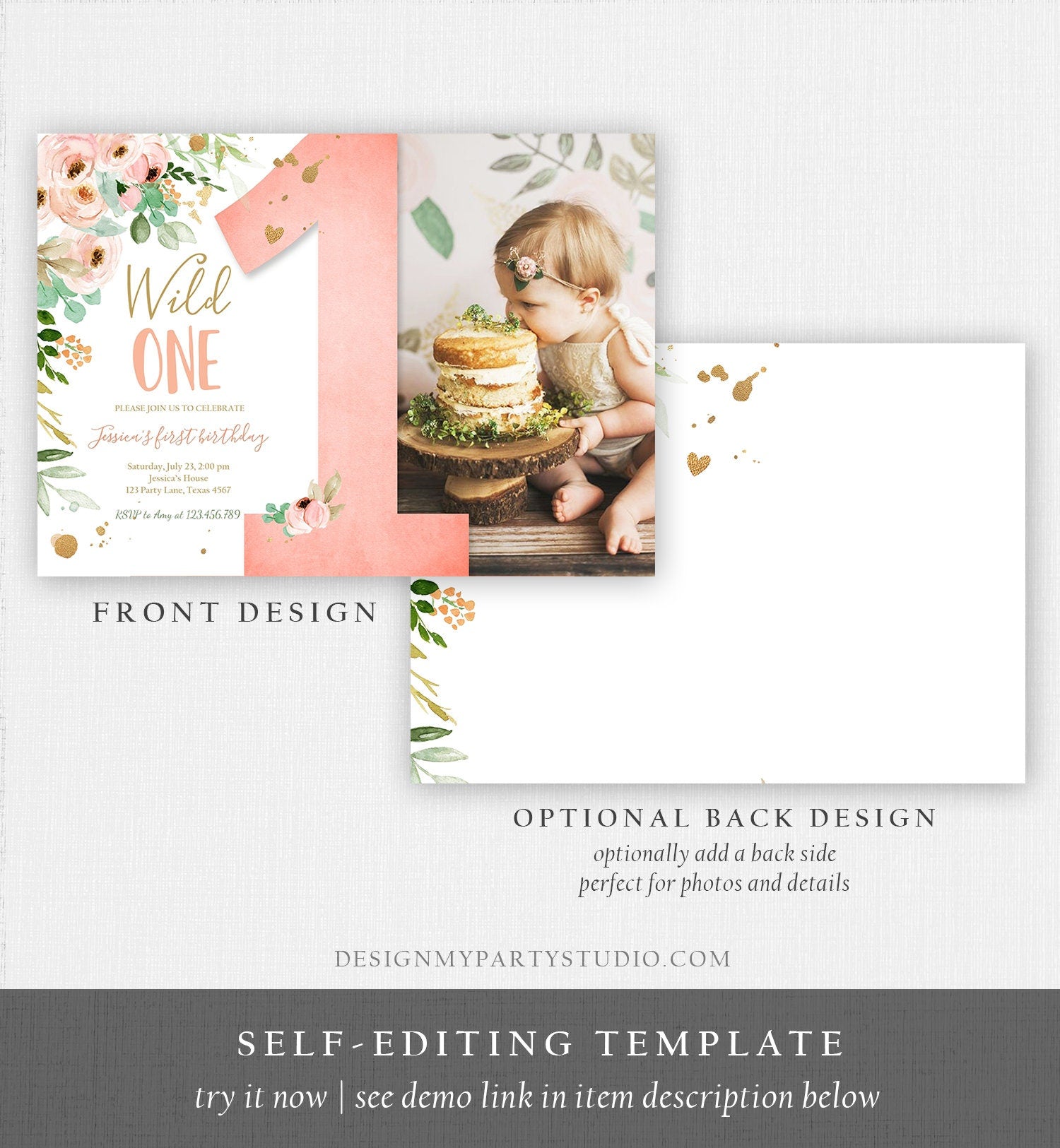 Editable Wild One Birthday Invitation 1st Birthday Girl Pink Gold Floral Miss Onederful Download Printable Template Digital Evite 0147