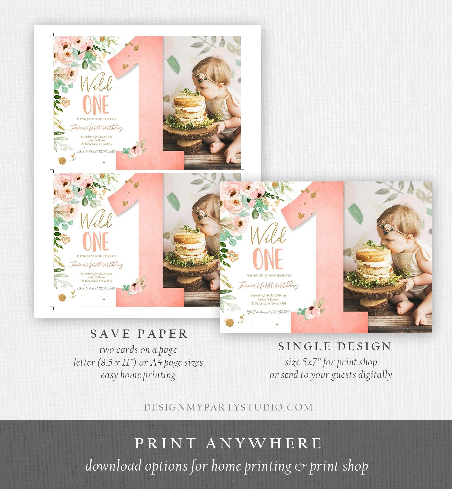 Editable Wild One Birthday Invitation 1st Birthday Girl Pink Gold Floral Miss Onederful Download Printable Template Digital Evite 0147