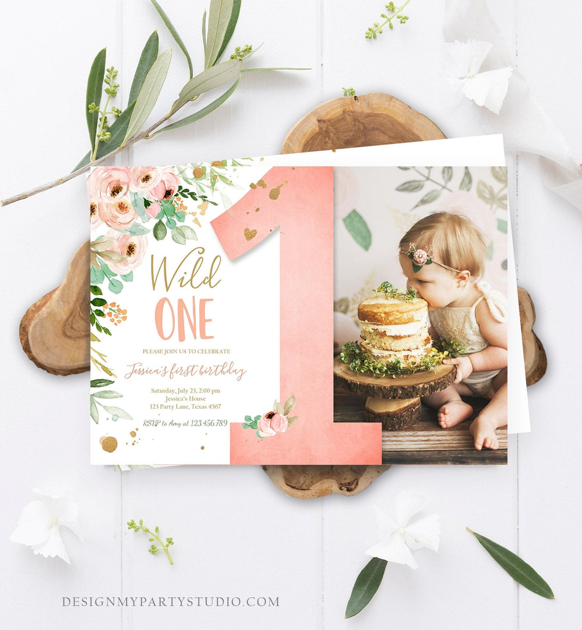 Editable Wild One Birthday Invitation 1st Birthday Girl Pink Gold Floral Miss Onederful Download Printable Template Digital Evite 0147