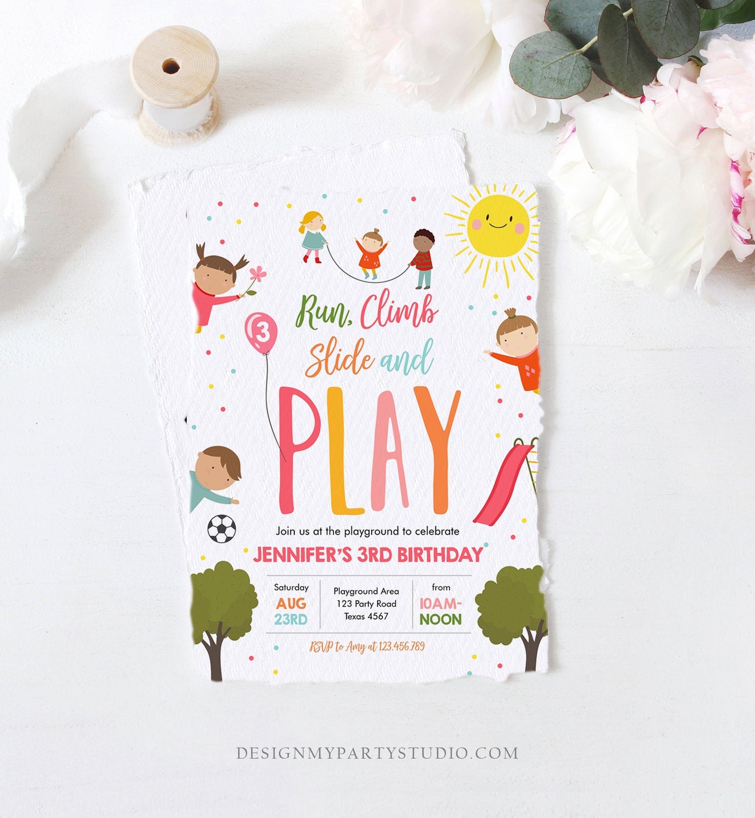 Editable Playground Birthday Invitation Party In The Park Girl Pink Run Climb Slide and Play Download Printable Template Corjl Digital 0327