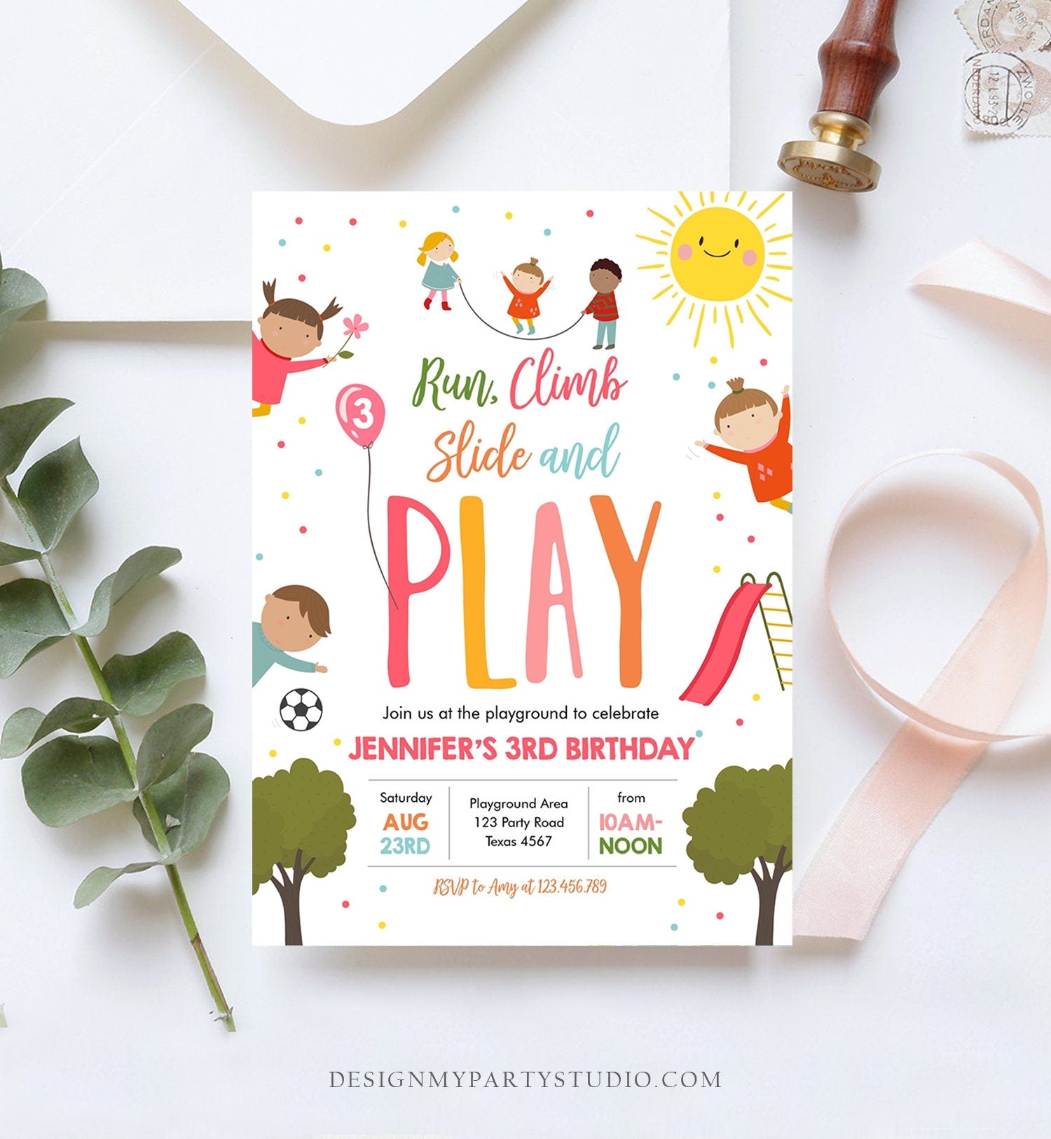 Editable Playground Birthday Invitation Party In The Park Girl Pink Run Climb Slide and Play Download Printable Template Corjl Digital 0327