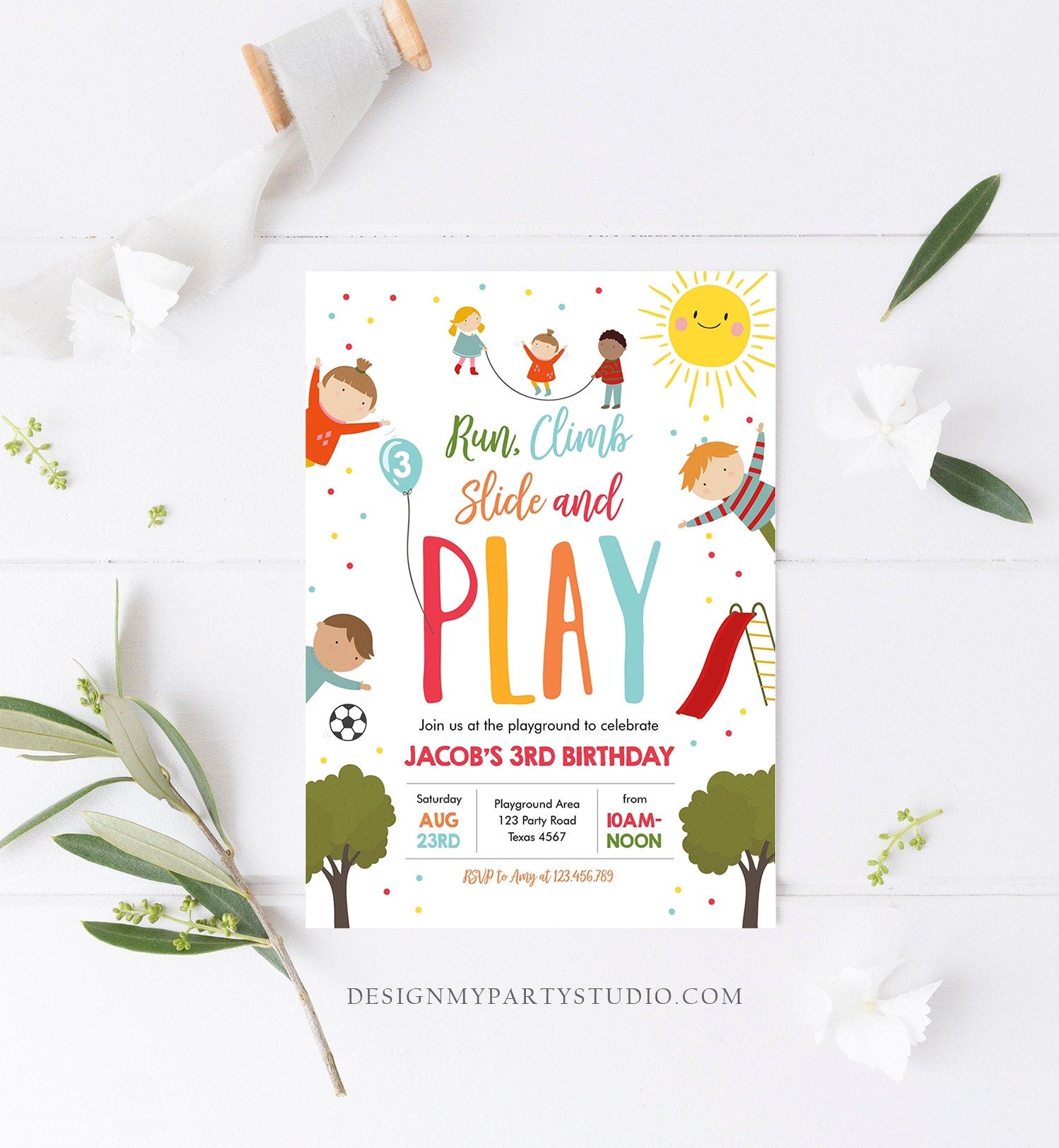 Editable Playground Birthday Invitation Party In The Park Boy Blue Run Climb Slide and Play Download Printable Template Corjl Digital 0327