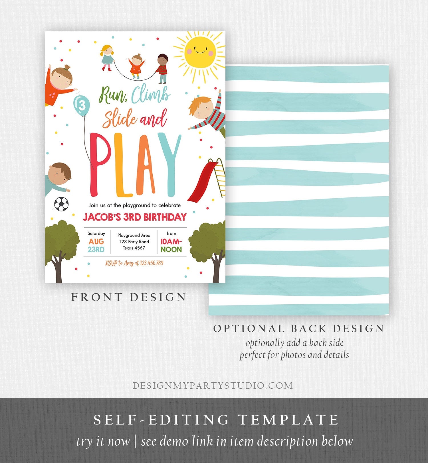 Editable Playground Birthday Invitation Party In The Park Boy Blue Run Climb Slide and Play Download Printable Template Corjl Digital 0327