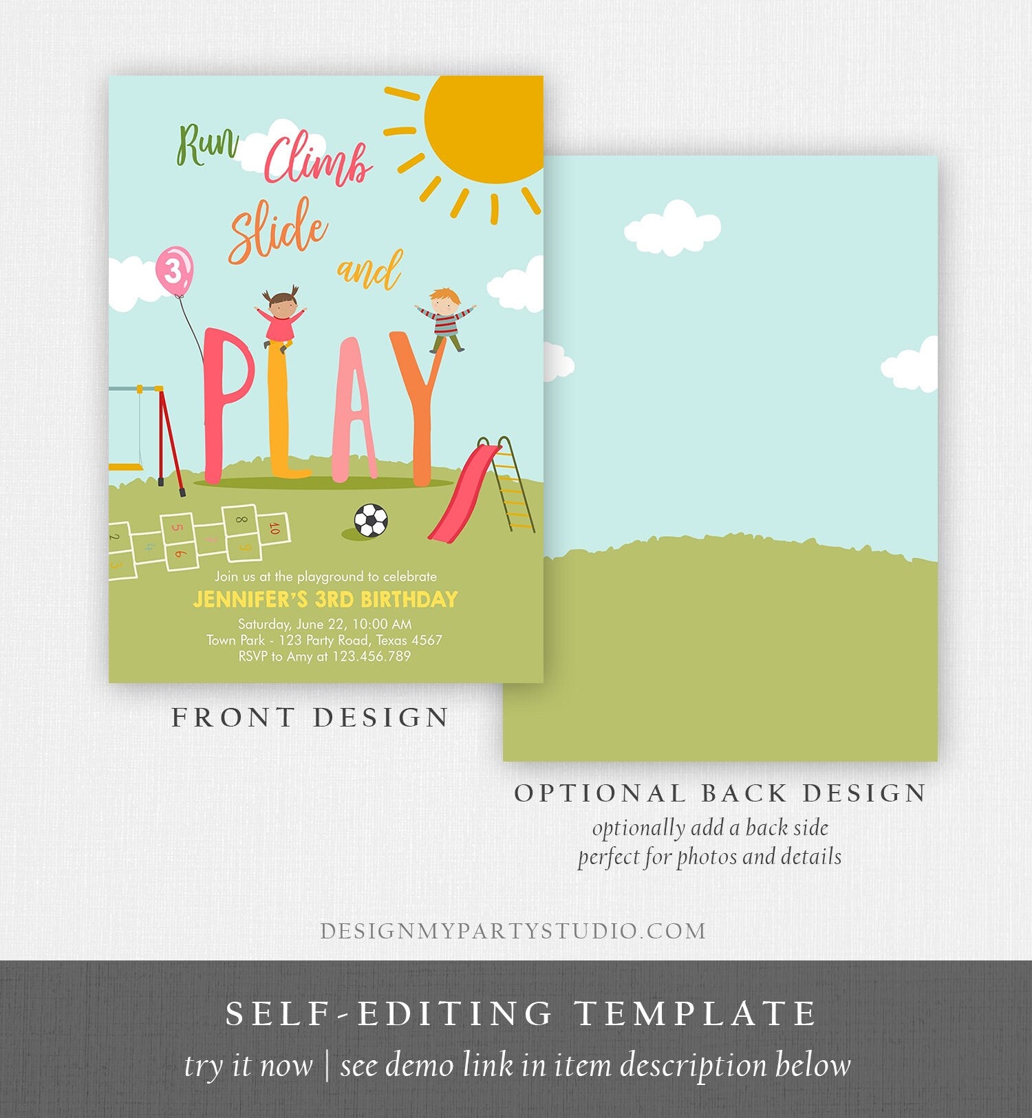 Editable Playground Birthday Invitation Party In The Park Girl Pink Run Climb Slide and Play Download Printable Template Digital Evite 0327