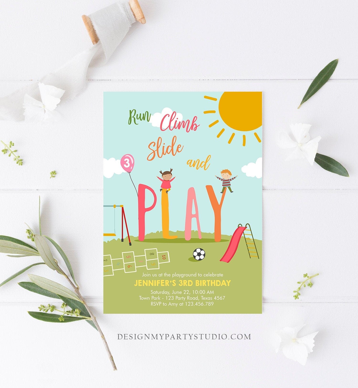 Editable Playground Birthday Invitation Party In The Park Girl Pink Run Climb Slide and Play Download Printable Template Digital Evite 0327