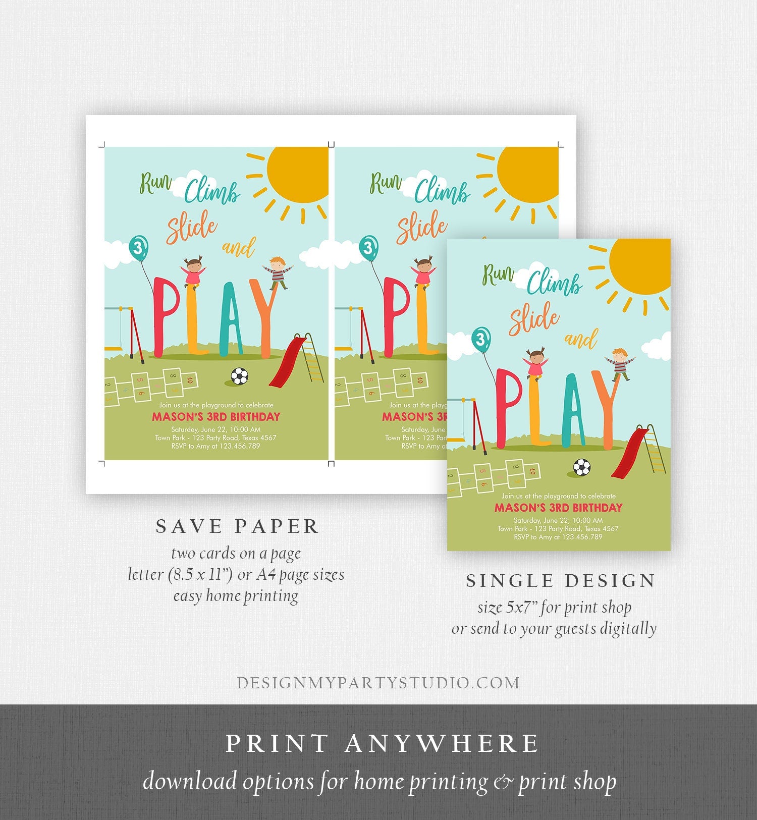 Editable Playground Birthday Invitation Party In The Park Boy Blue Run Climb Slide and Play Download Printable Template Corjl Digital 0327