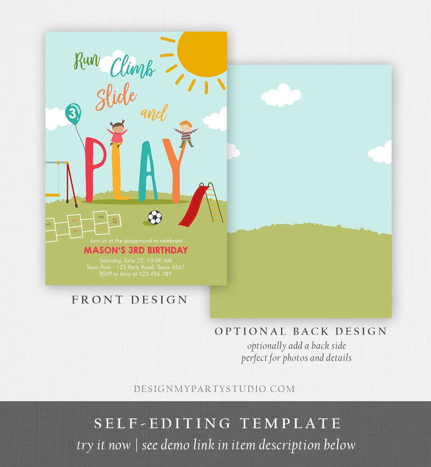 Editable Playground Birthday Invitation Party In The Park Boy Blue Run Climb Slide and Play Download Printable Template Corjl Digital 0327