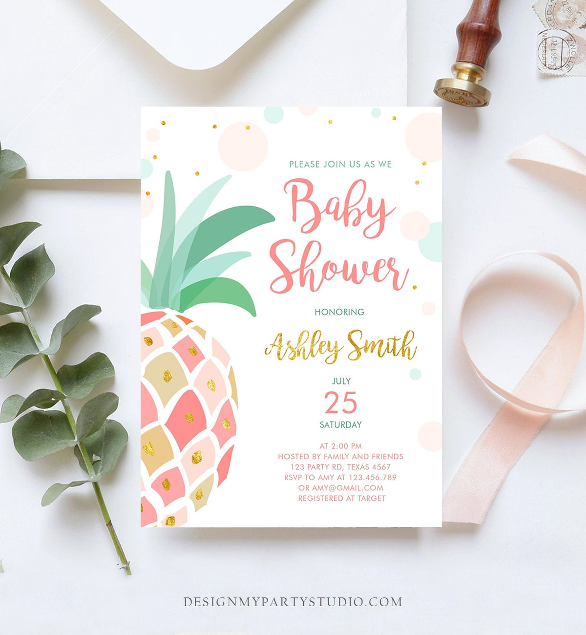 Editable Pineapple Baby Shower Invitation Party like a Pineapple Aloha Tropical Luau Party Girl Sprinkle Coed Gold Pink Corjl Template 0202