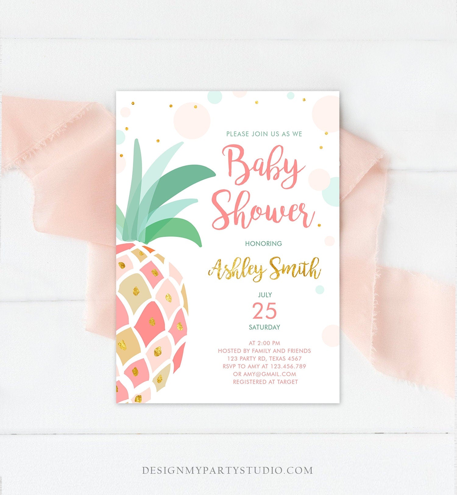 Editable Pineapple Baby Shower Invitation Party like a Pineapple Aloha Tropical Luau Party Girl Sprinkle Coed Gold Pink Corjl Template 0202