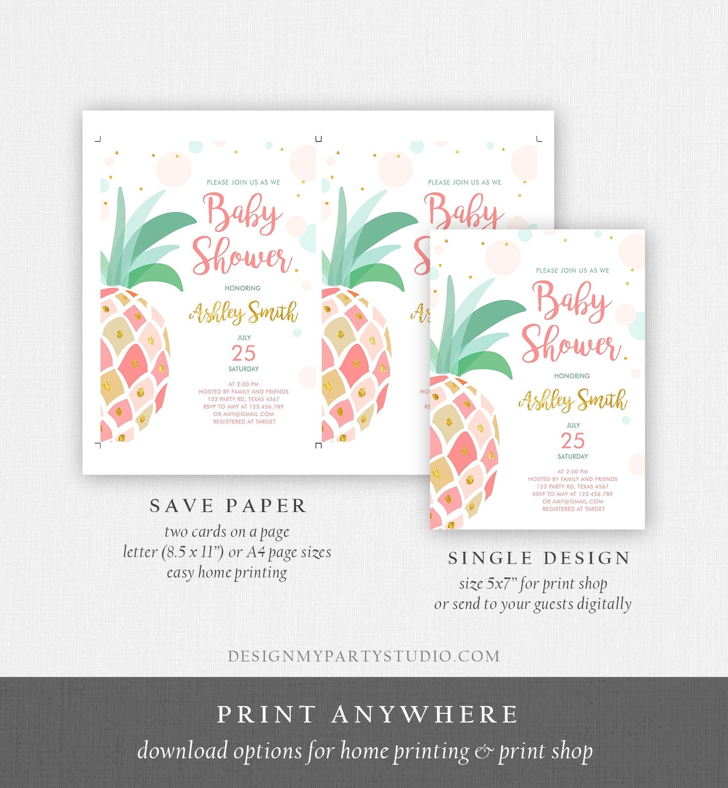 Editable Pineapple Baby Shower Invitation Party like a Pineapple Aloha Tropical Luau Party Girl Sprinkle Coed Gold Pink Corjl Template 0202