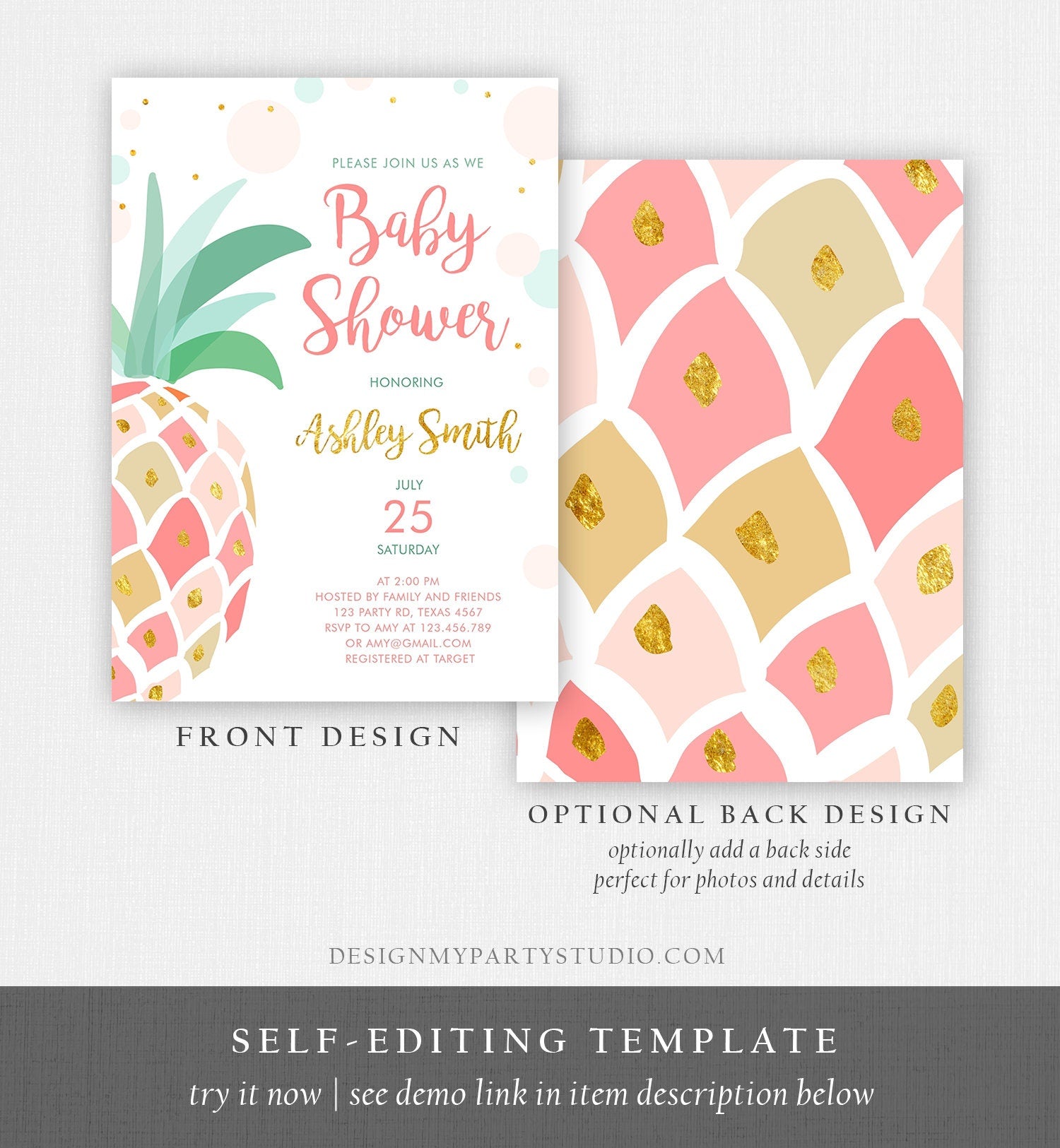 Editable Pineapple Baby Shower Invitation Party like a Pineapple Aloha Tropical Luau Party Girl Sprinkle Coed Gold Pink Corjl Template 0202