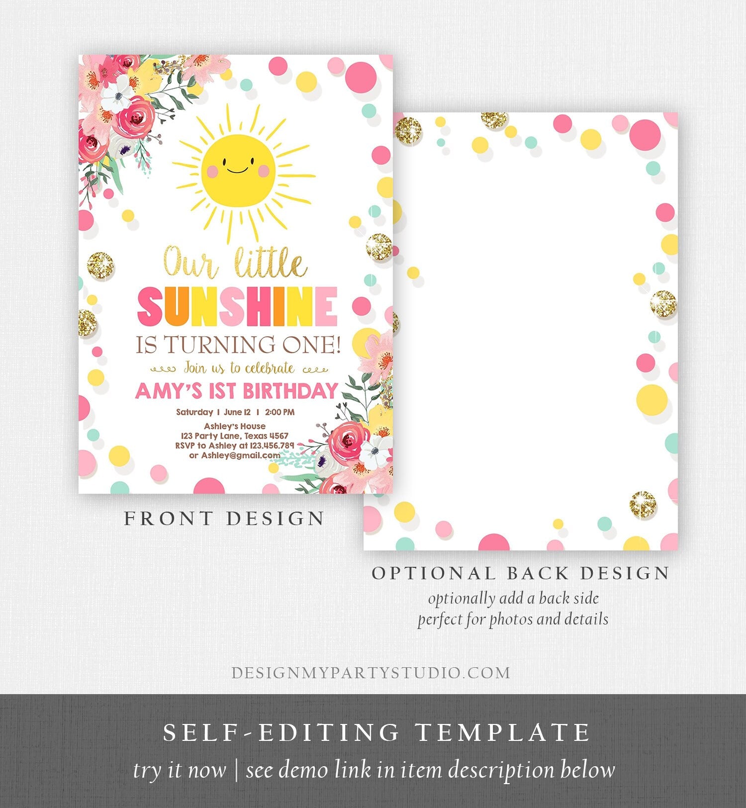 Editable Little Sunshine Birthday Invitation You are My Sunshine Lemonade Girl First Birthday Pink Gold 1st Corjl Template Printable 0244