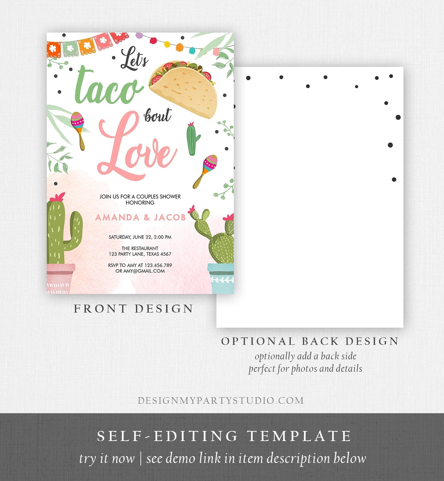 Editable Taco Bout Love Fiesta Couples Shower Invite Cactus Bridal Shower Taco Digital Download Evite Template Printable 0254