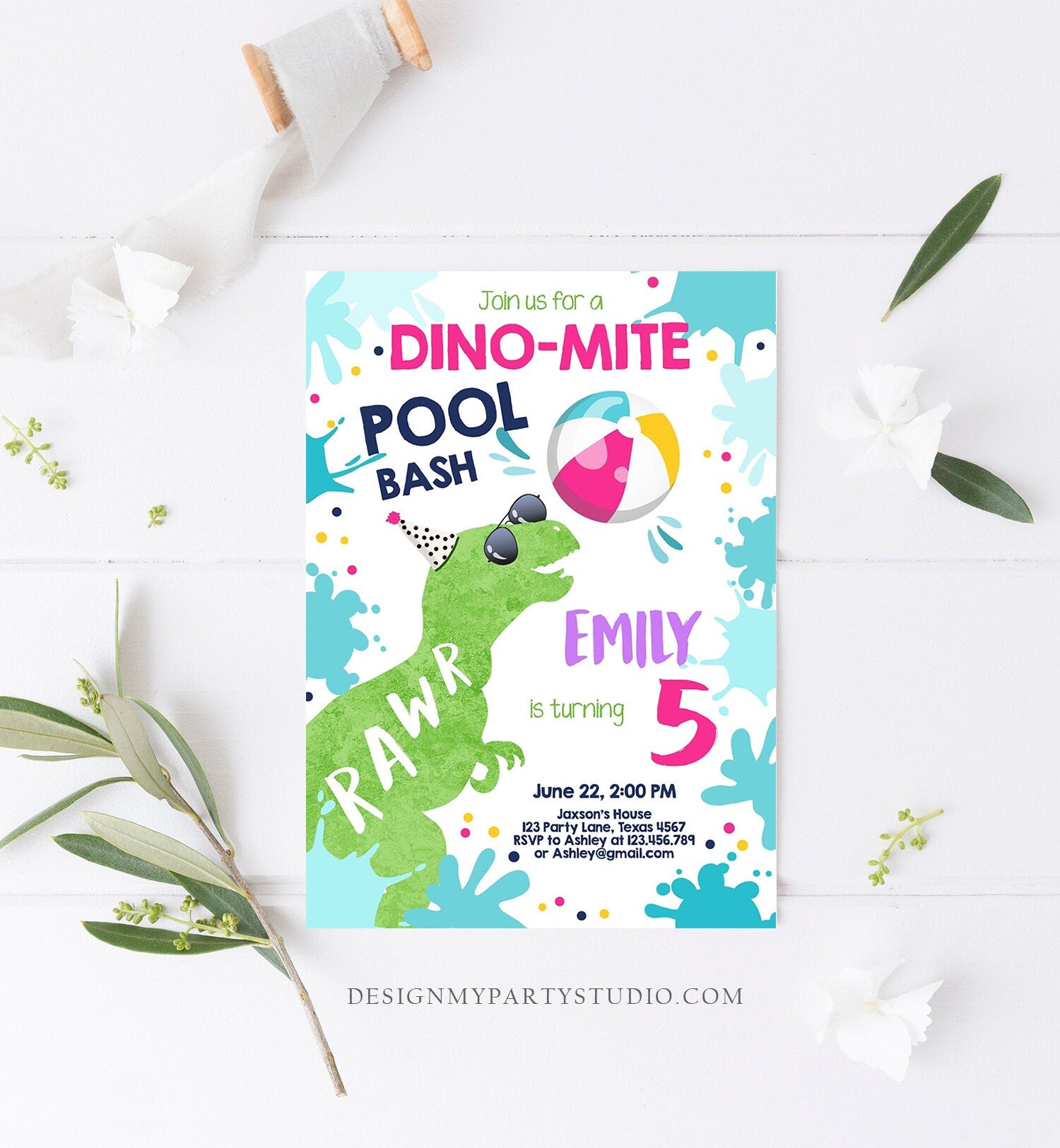 Editable Dinosaur Pool Party Birthday Invitation Dinosaur Birthday Dino T-Rex Girl Bash Download Printable Invitation Template Corjl 0305