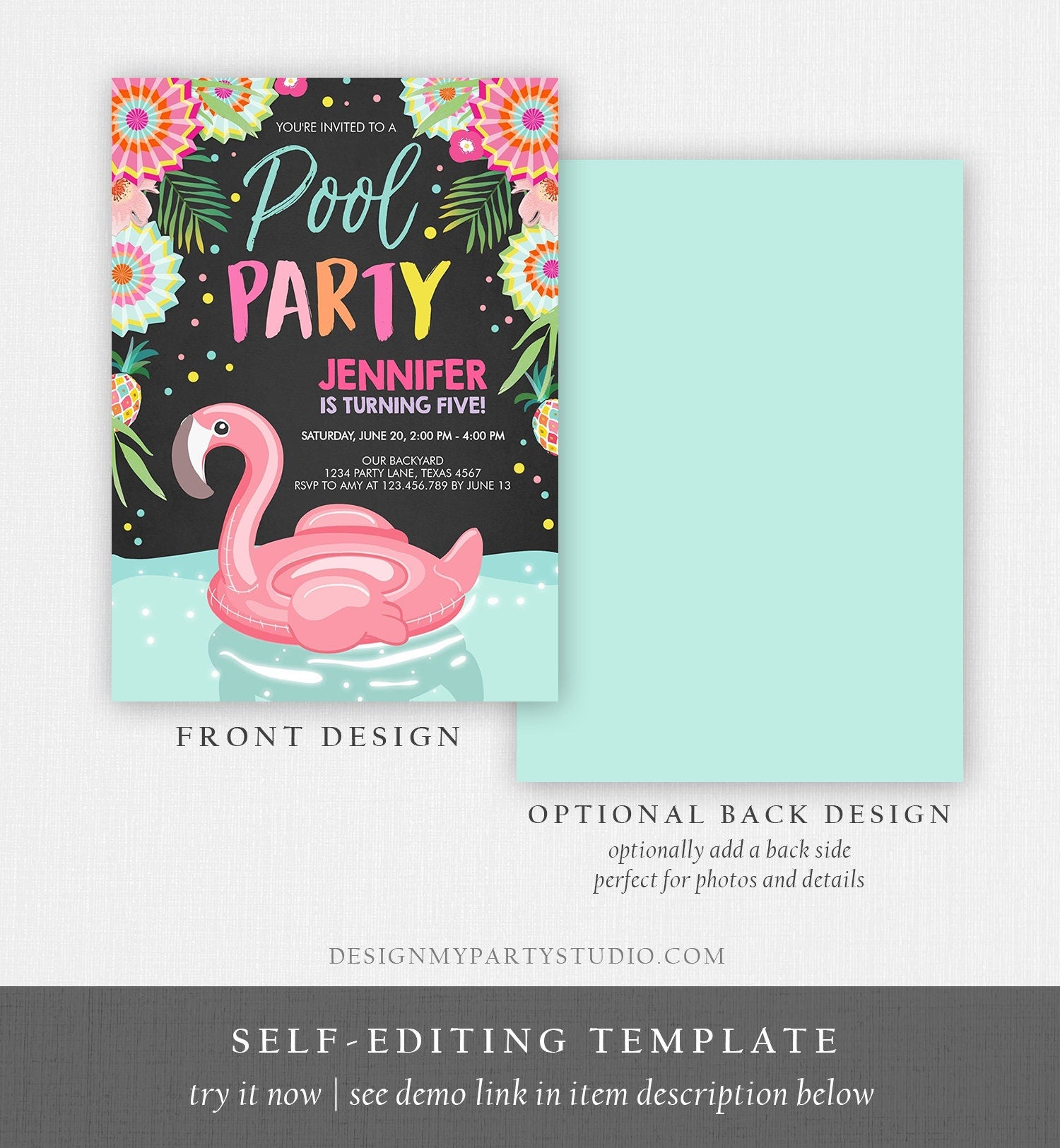 Editable Flamingo Pool Party Invitation Tropical Birthday Bash Splish Splash Summer Digital Download Evite Template Printable 0240