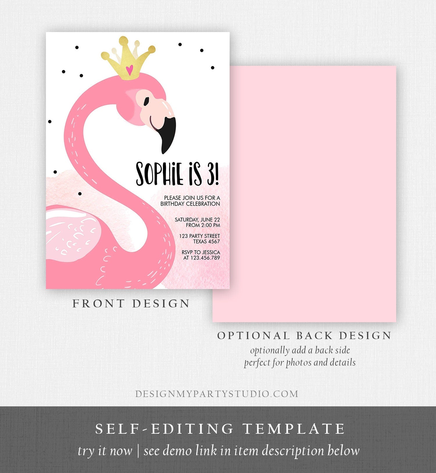 Editable Flamingo Birthday Invitation Tropical Party Invite Girls Summer Pink Gold Crown Instant Download Printable Template Corjl 0019