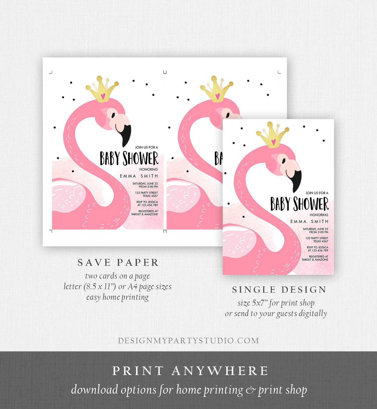 Editable Flamingo Baby Shower Invitation Pink and Gold Girl Baby Shower Tropical Luau Download Printable Invitation Template Corjl 0019