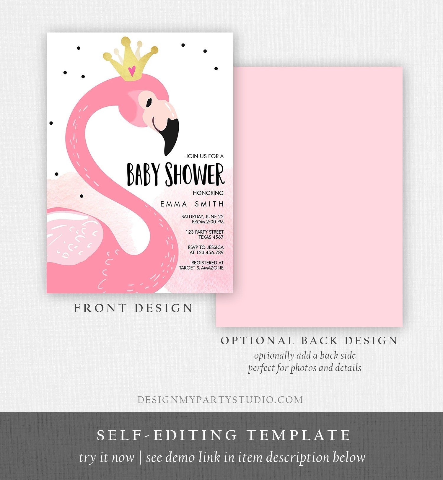 Editable Flamingo Baby Shower Invitation Pink and Gold Girl Baby Shower Tropical Luau Download Printable Invitation Template Corjl 0019