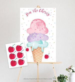 Editable Pin the Cherry on The Ice Cream Game Ice Cream Birthday Game Summer Cone Decor Instant Download Printable Digital Corjl 0243