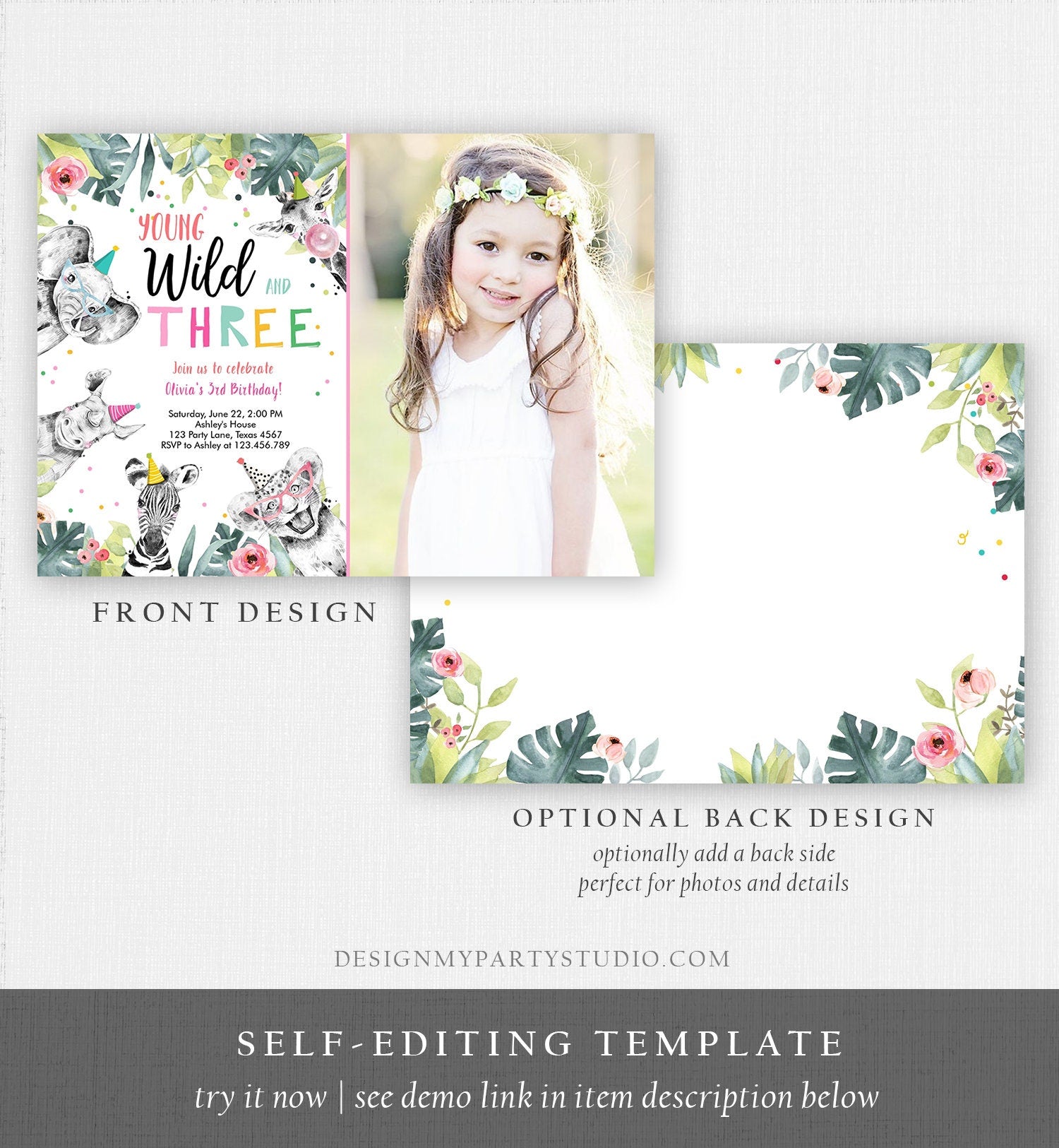 Editable Young Wild and Three Invitation Girl Pink and Gold Safari Animals Zoo Instant Download Printable Template Digital Corjl 0322