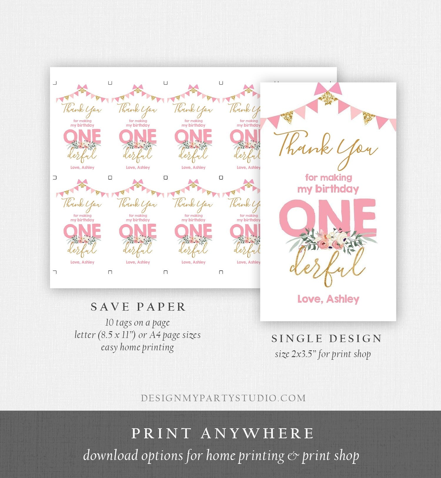 Editable Onederful Favor Tag Thank You Girl First Birthday Party Gift Tag Pink Gold 1st Digital Download Corjl Template Printable 0165