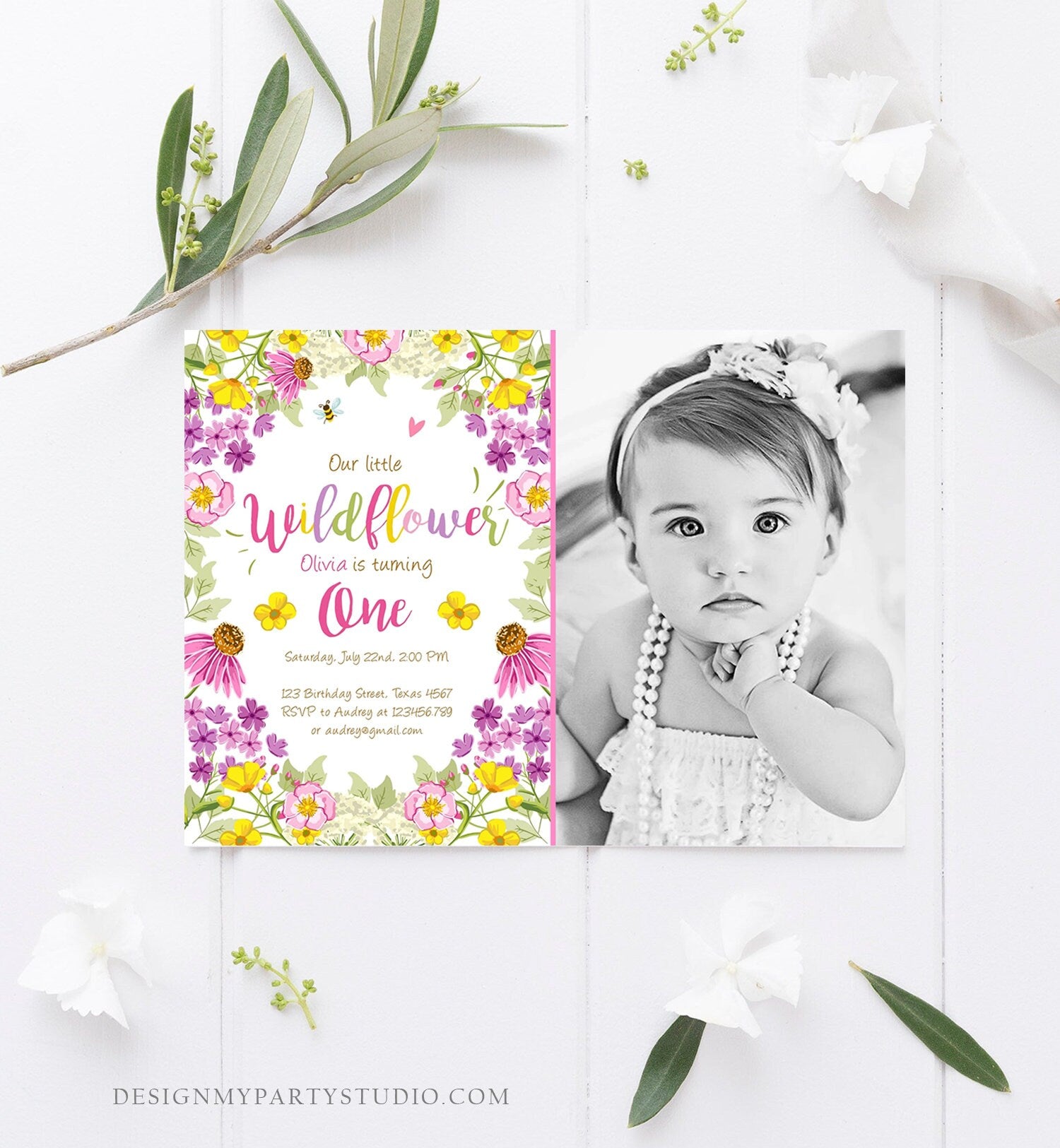 Editable Little Wildflower Birthday Invitation ANY AGE Floral Wild Flower Pink Girl First Birthday 1st Corjl Template Printable 0217