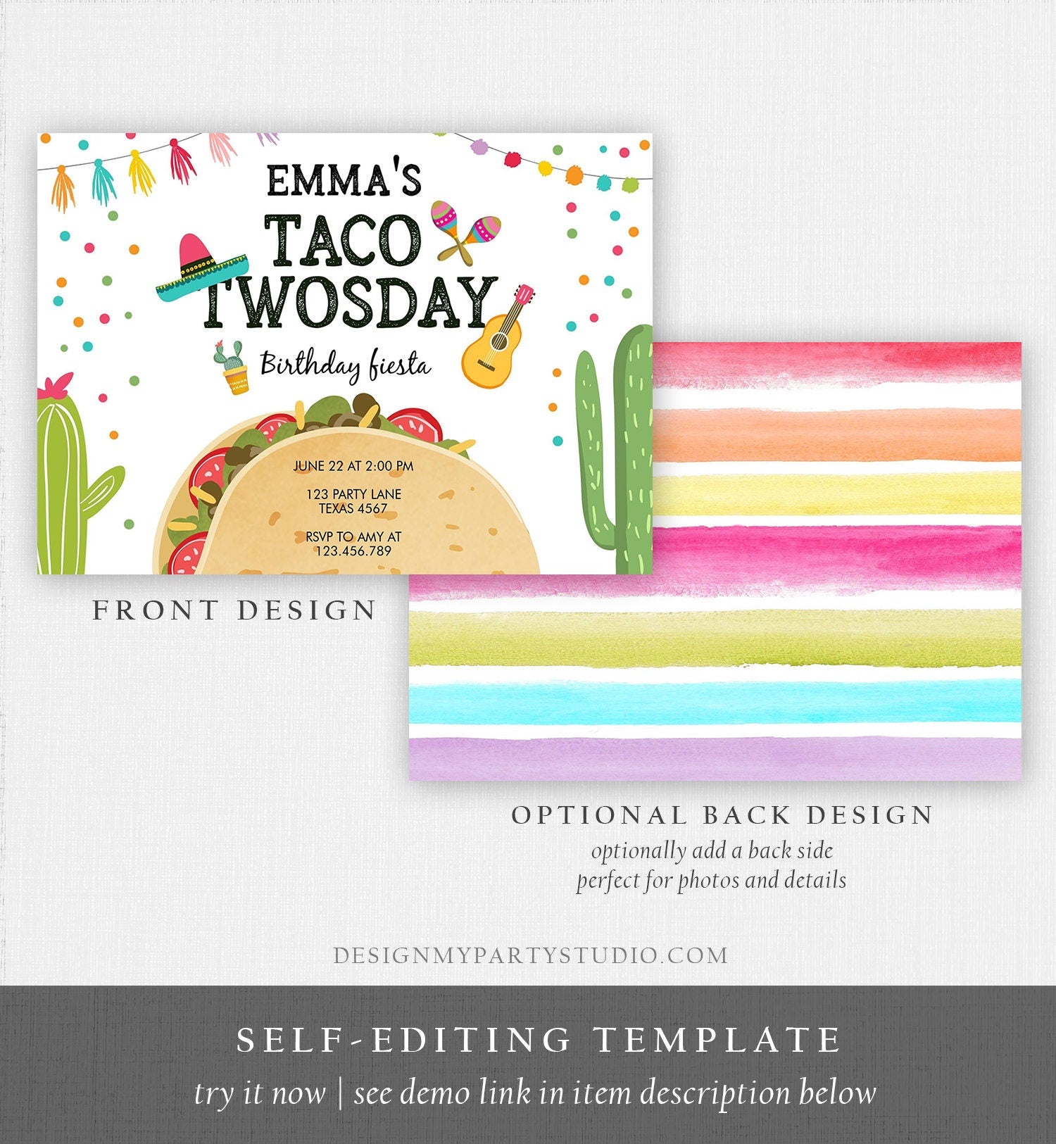 Editable Taco Twosday Invitation Mexican Twosday Birthday Fiesta 2nd Birthday Instant Download Printable Invitation Template Corjl 0161