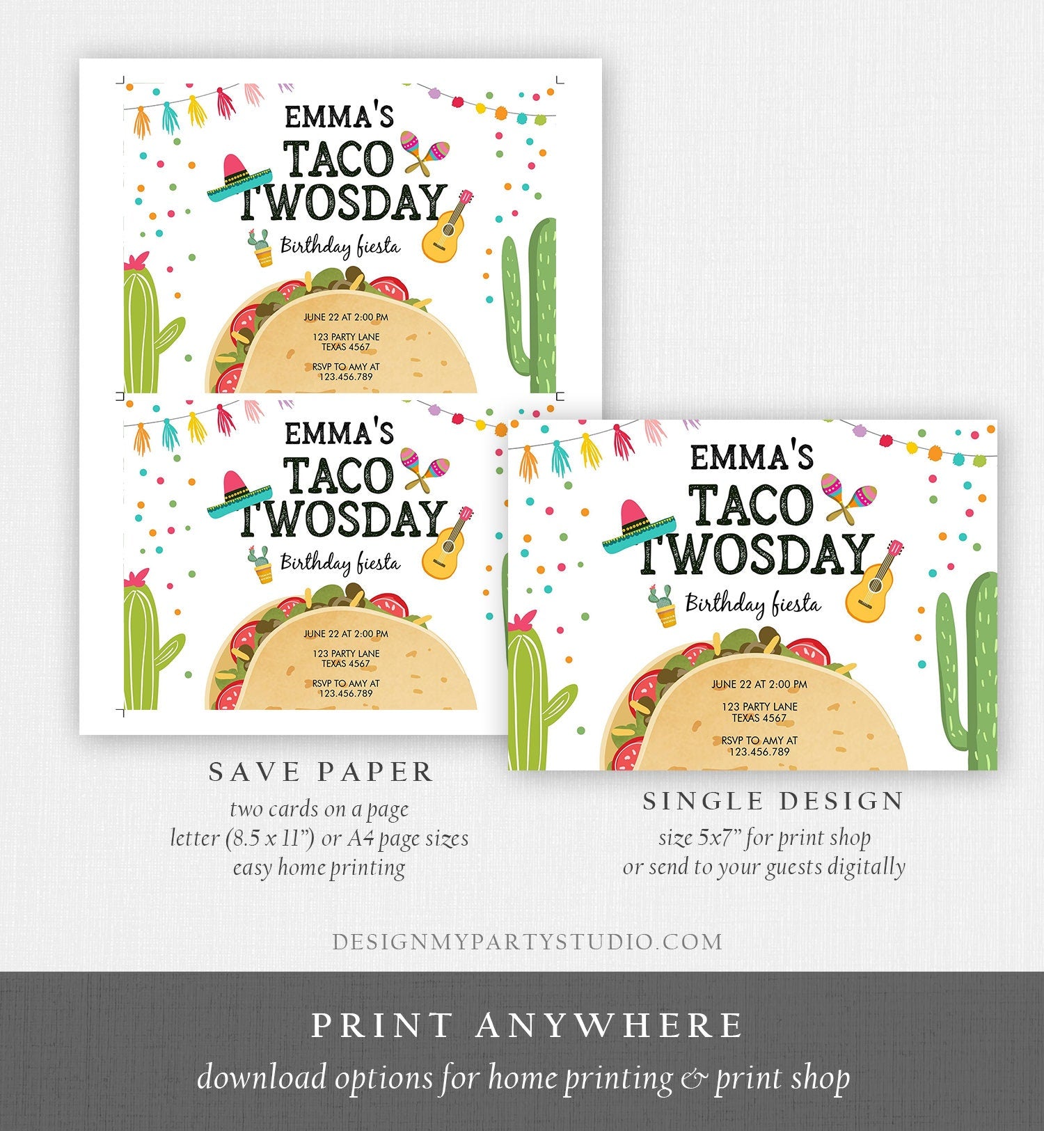 Editable Taco Twosday Invitation Mexican Twosday Birthday Fiesta 2nd Birthday Instant Download Printable Invitation Template Corjl 0161