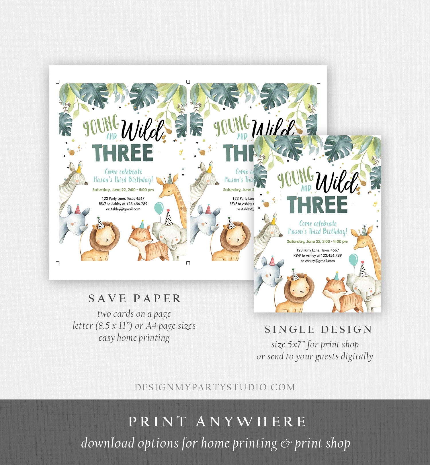 Editable Young Wild and Three Birthday Invitation Boy Safari Animals Green Party Animals Third Birthday 3rd Template Corjl Printable 0163