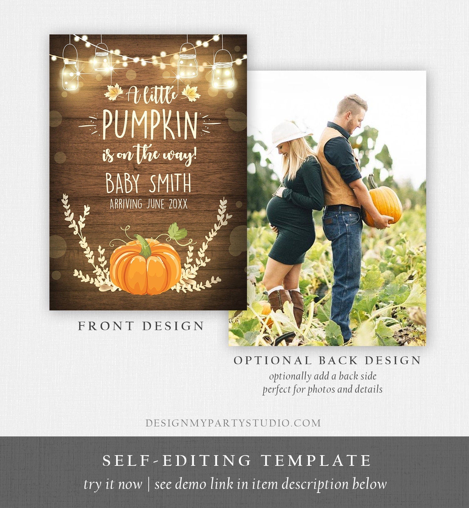 Editable Pumpkin Pregnancy Announcement Little Pumpkin On The Way Fall Wood Autumn Baby Arriving Download Corjl Template Printable 0015