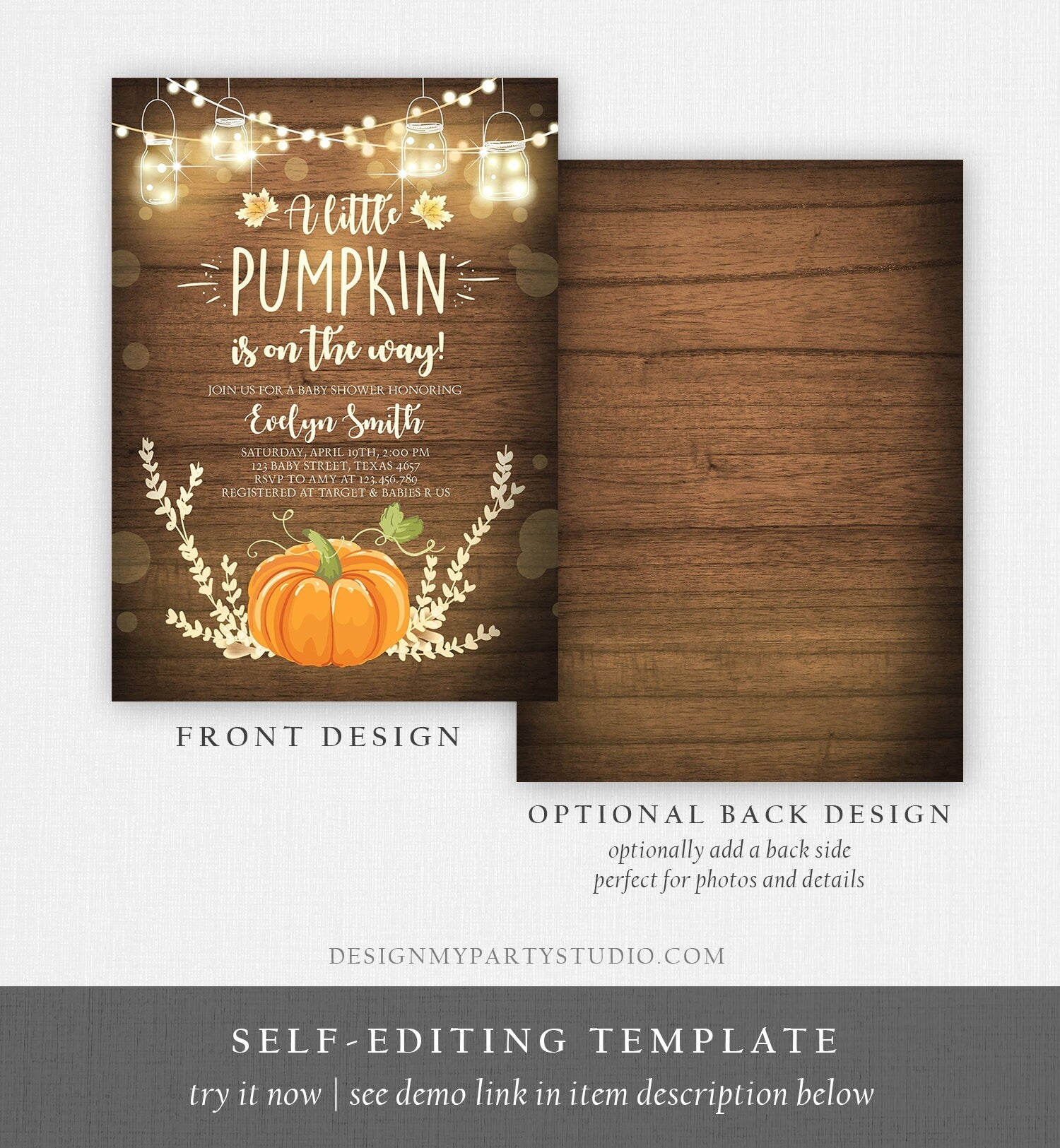 Editable Little Pumpkin Baby Shower Invitation Orange Pumpkin Patch Autumn Fall Rustic Boy Girl Sprinkle Corjl Template Printable 0015