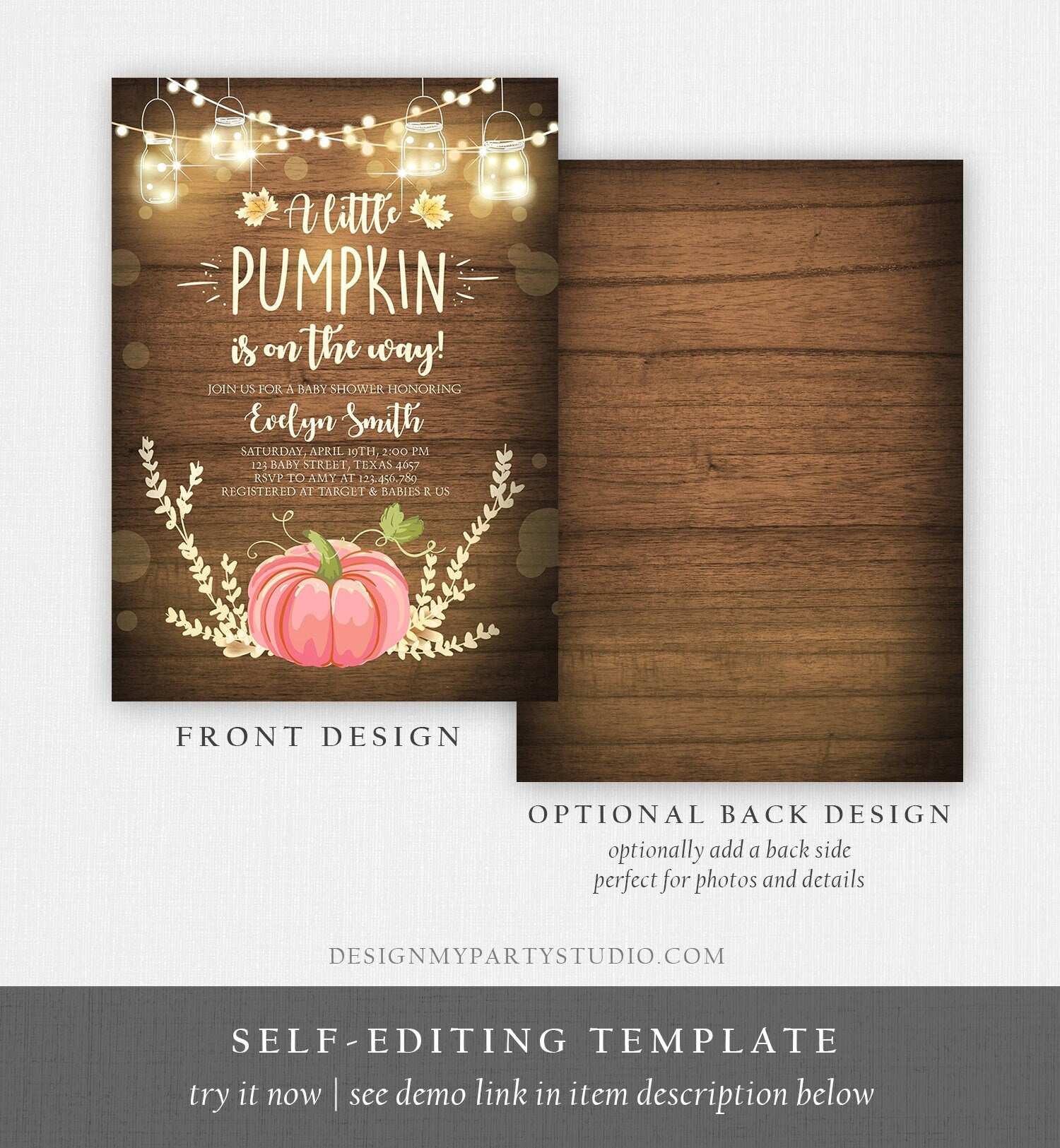 Editable Little Pumpkin Baby Shower Invitation Pink Pumpkin Patch Autumn Fall Rustic Baby Girl Sprinkle Corjl Template Printable 0015