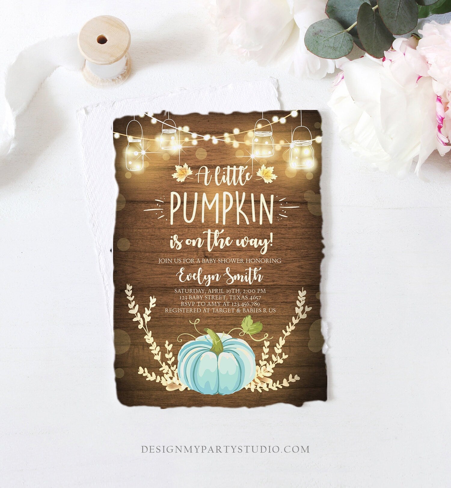 Editable Little Pumpkin Baby Shower Invitation Blue Pumpkin Patch Autumn Fall Rustic Baby Boy Sprinkle Corjl Template Printable 0015