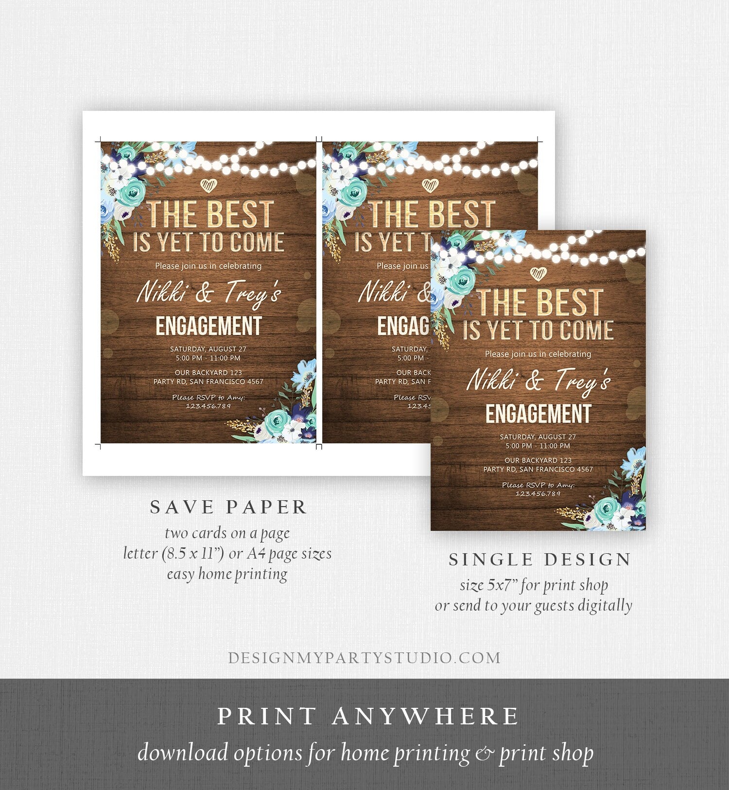 Editable Rustic Engagement Party Invitation Wood String Lights Best Is Yet To Come Navy Blue Floral Download Corjl Template Printable 0015