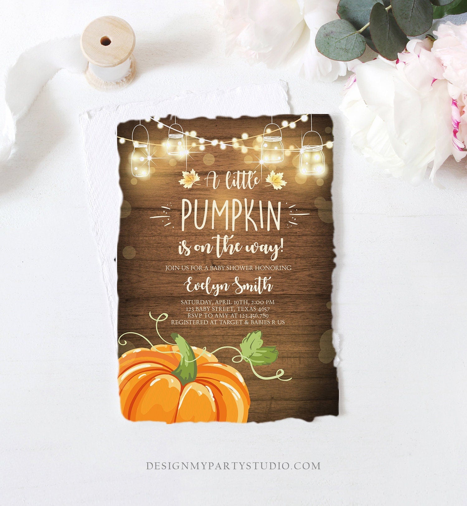 Editable Little Pumpkin Baby Shower Invitation Orange Pumpkin Patch Autumn Fall Rustic Baby Boy Girl Sprinkle Corjl Template Printable 0015