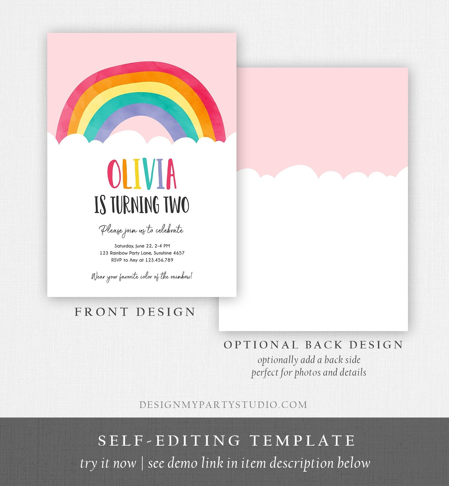 Editable Rainbow Birthday Invitation Boy Girl Neutral Clouds Pink Rainbow Fun Over the Rainbow Party Digital Corjl Template Printable 0272