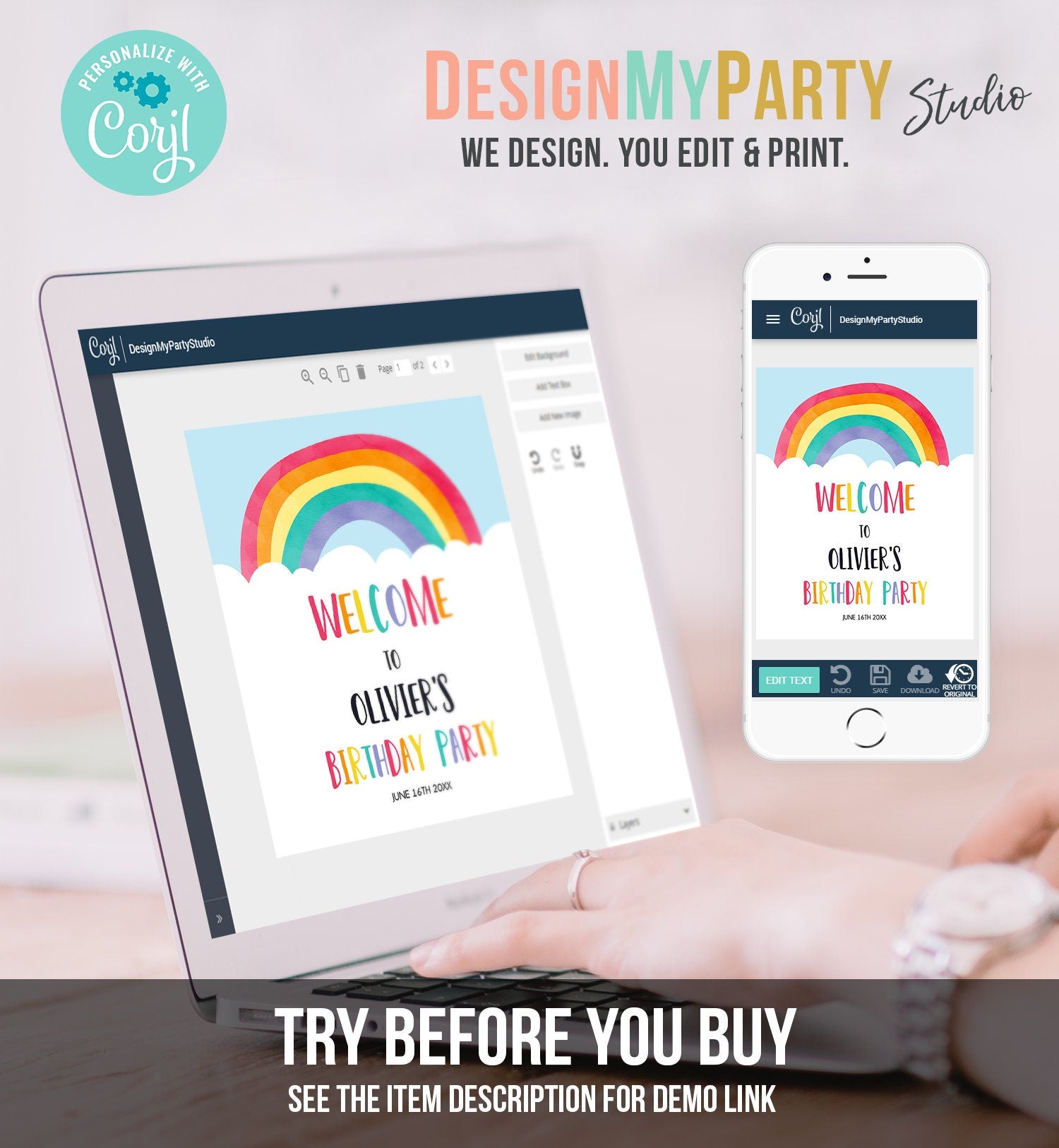 Editable Rainbow Welcome Sign Rainbow Birthday Party Sign Colorful Rainbow Fun Clouds Blue Boy Watercolor Corjl Template Printable 0272