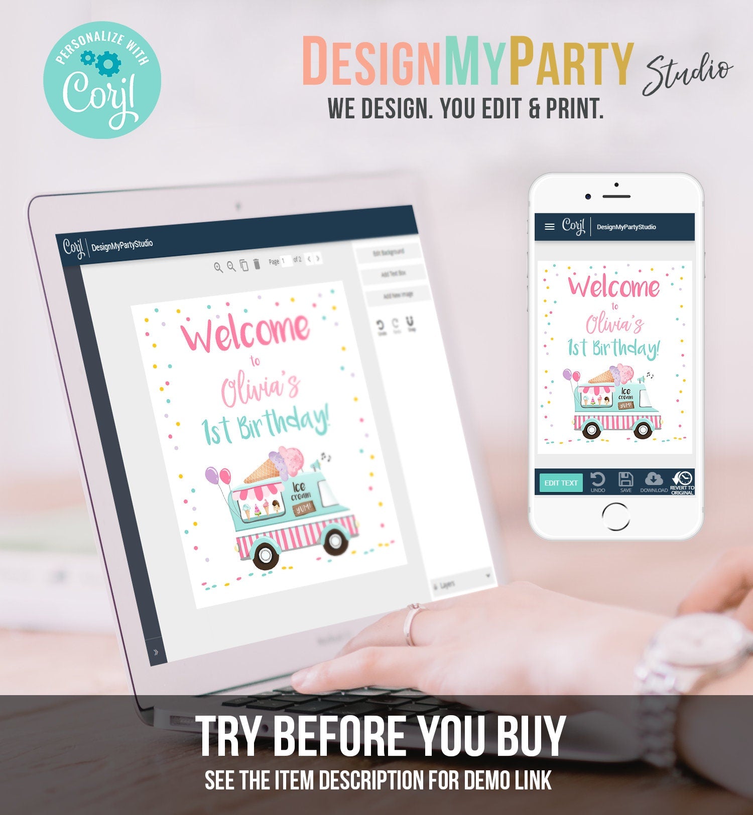 Editable Ice Cream Truck Party Welcome Sign Ice Cream Birthday Welcome Ice Cream Girl Summer Pink Mint Purple Template PRINTABLE Corjl 0243